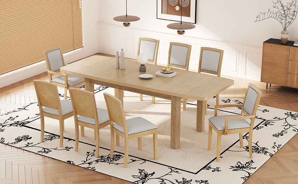 TOPMAX Rustic Extendable Dining Table Set with Removable Leaf, 6 Upholstered Armless Dining Chairs and 2 Padded Arm Chairs, Natural