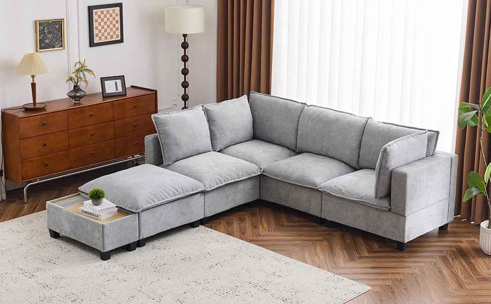 Modular 90' U-shaped Sectional Sofa with Movable Ottoman and Hidden Charging Coffee Table, Grey, Chenille