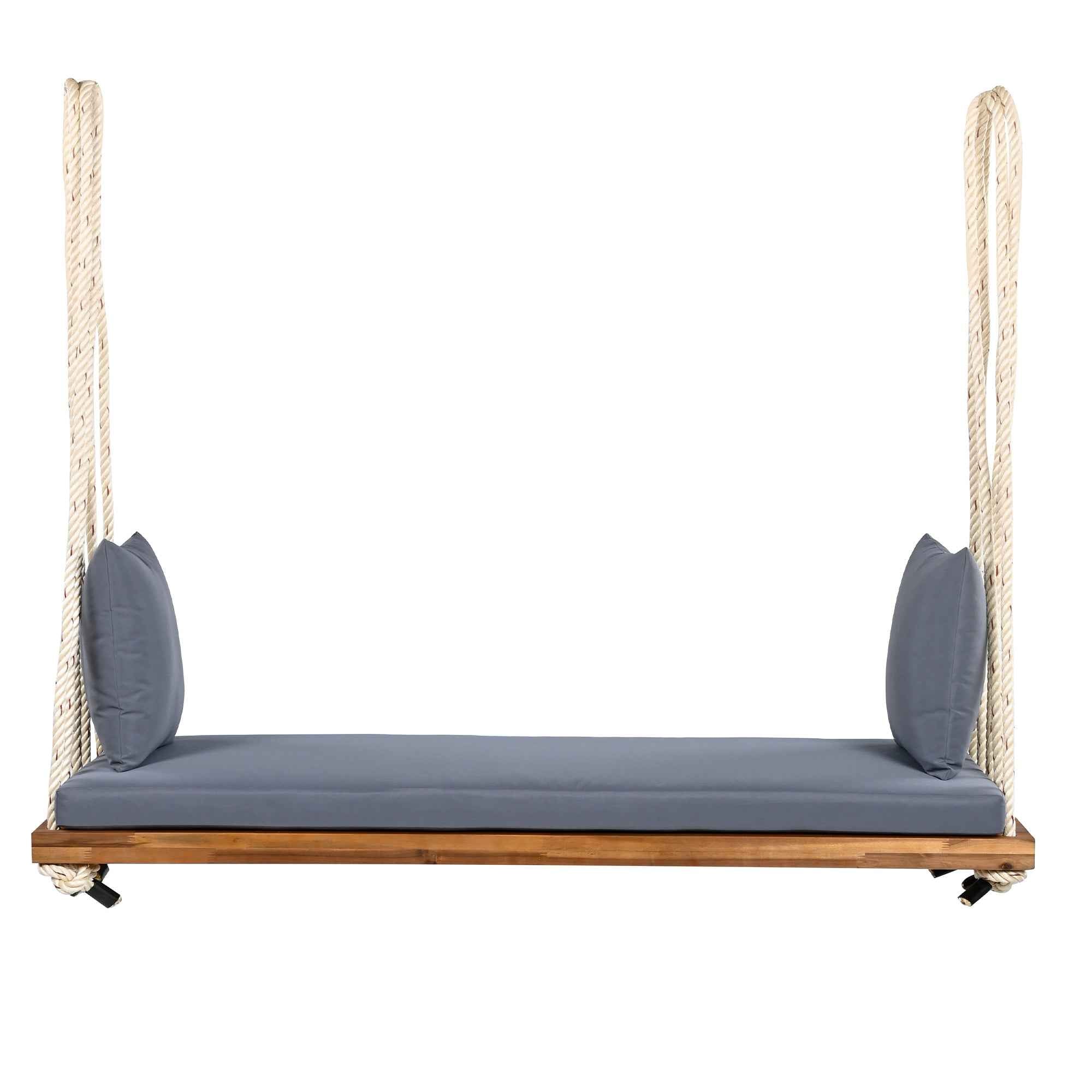 TOPMAX Patio Wooden Swing Chair, Hanging Porch Swing Bench with Cushion&Pillows, 10.8Ft Hemp Ropes for Garden,Backyard, Lawn,Natural
