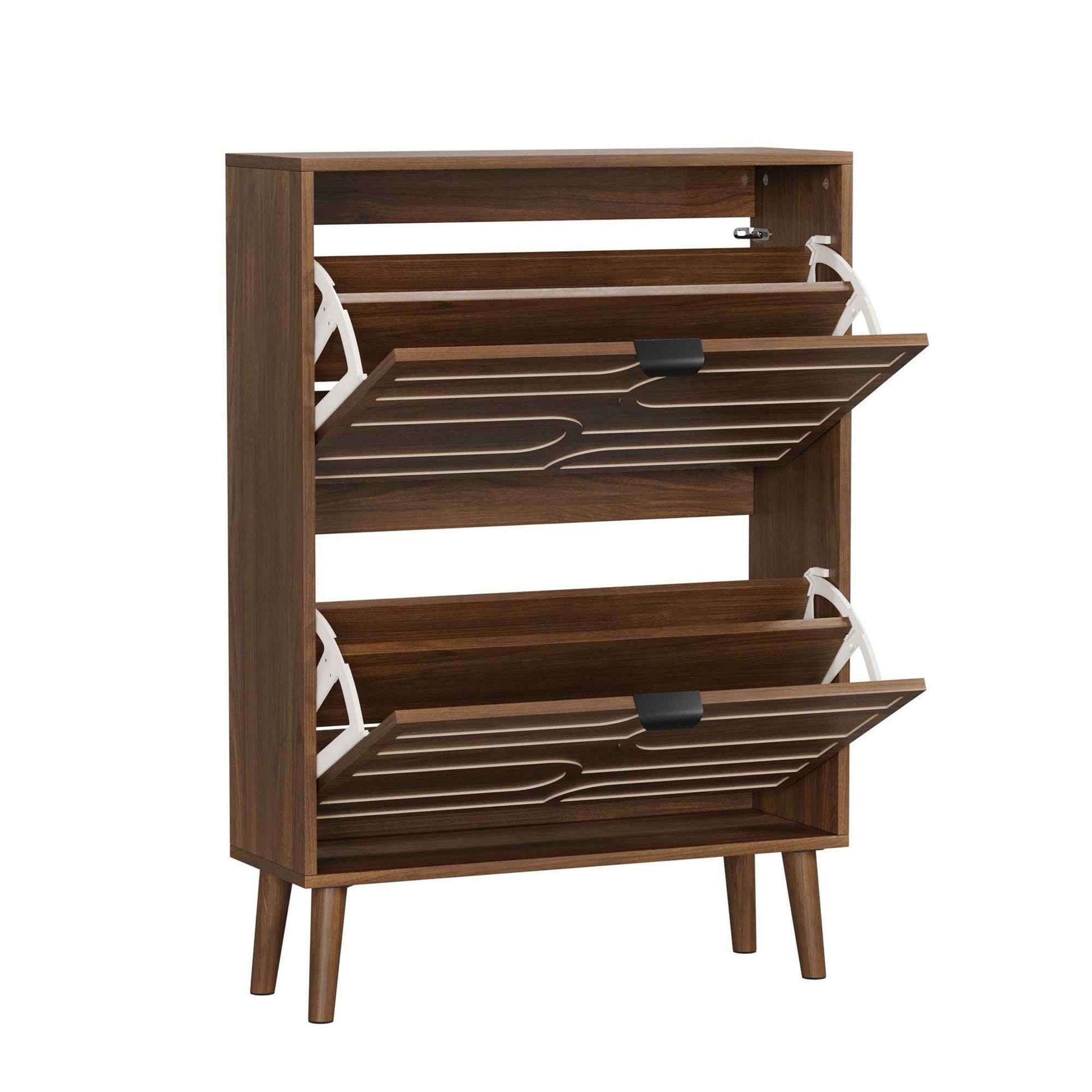 Medieval Modern Independent Shoe Cabinet, 23.62-inch Walnut Shoe Storage Cabinet,, Fence Shoe Cabinet with 2 Flip Drawers, Suitable For Corridors And Entrances