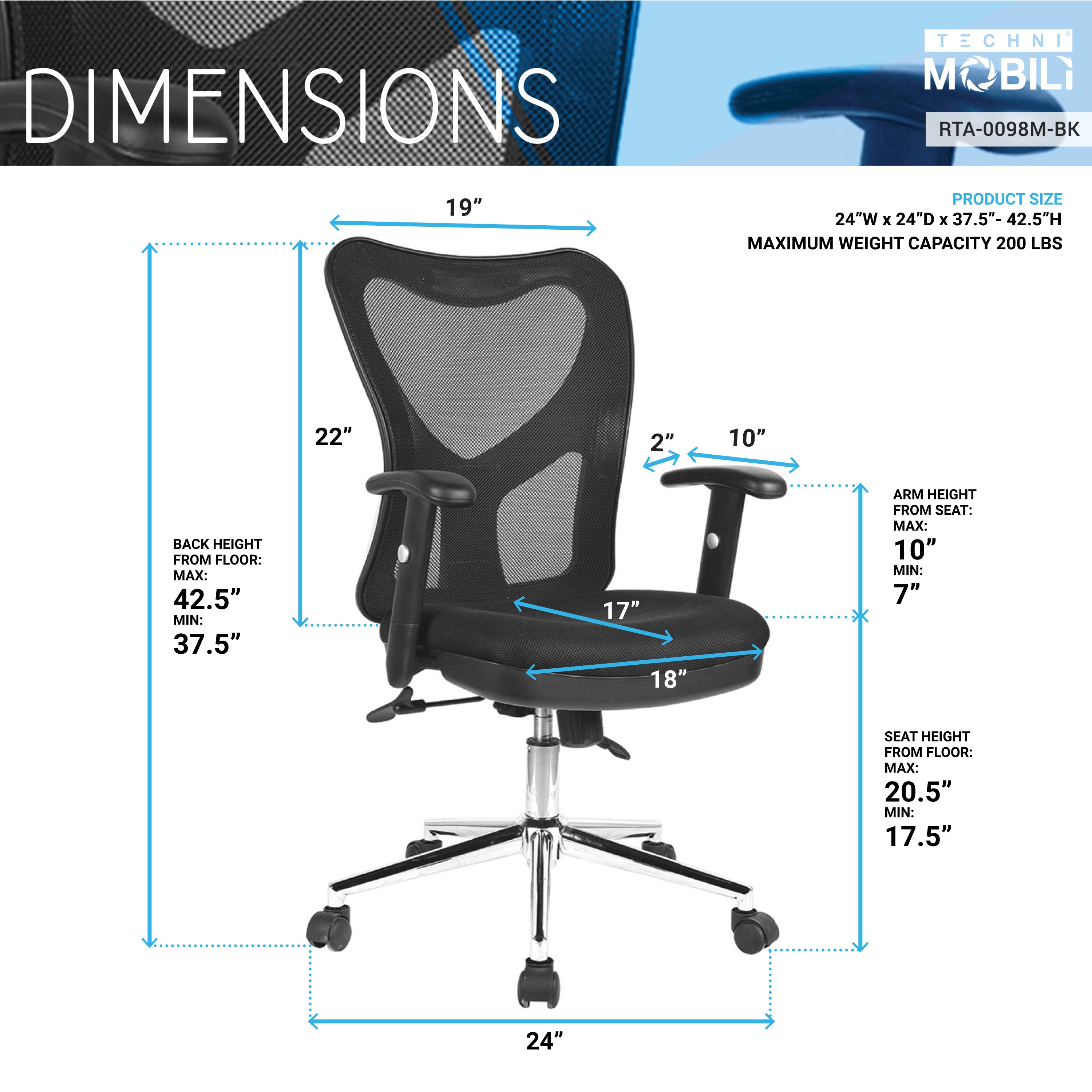 Techni Mobili High Back Mesh Office Chair With Chrome Base, Black - Abrihome