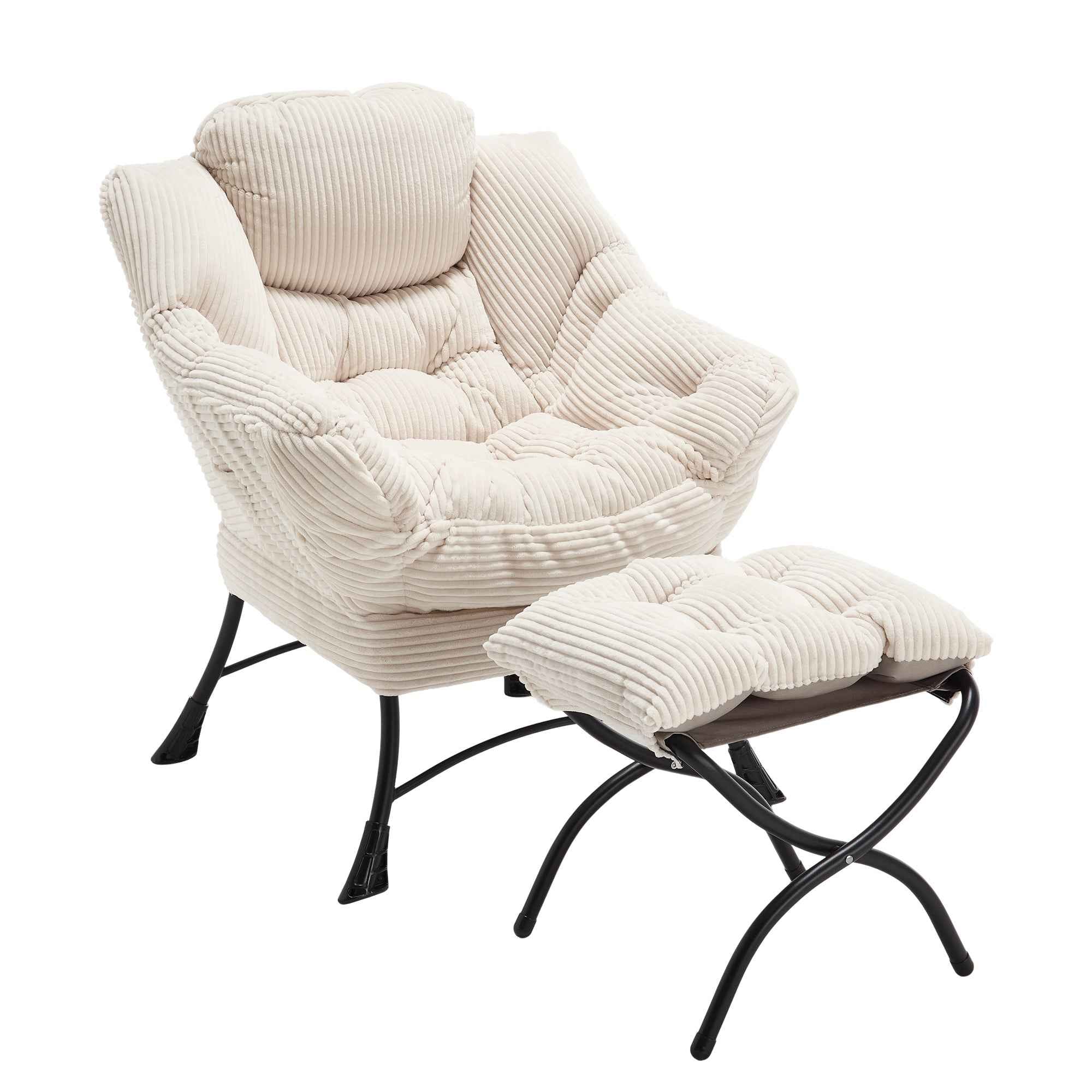 Lazy Chair with Ottoman, Modern Lounge Accent Chair with Armrests and a Side Pocket, Leisure Upholstered Sofa Chair Reading Chair with Footrest for Small Space, Corner Chair-White