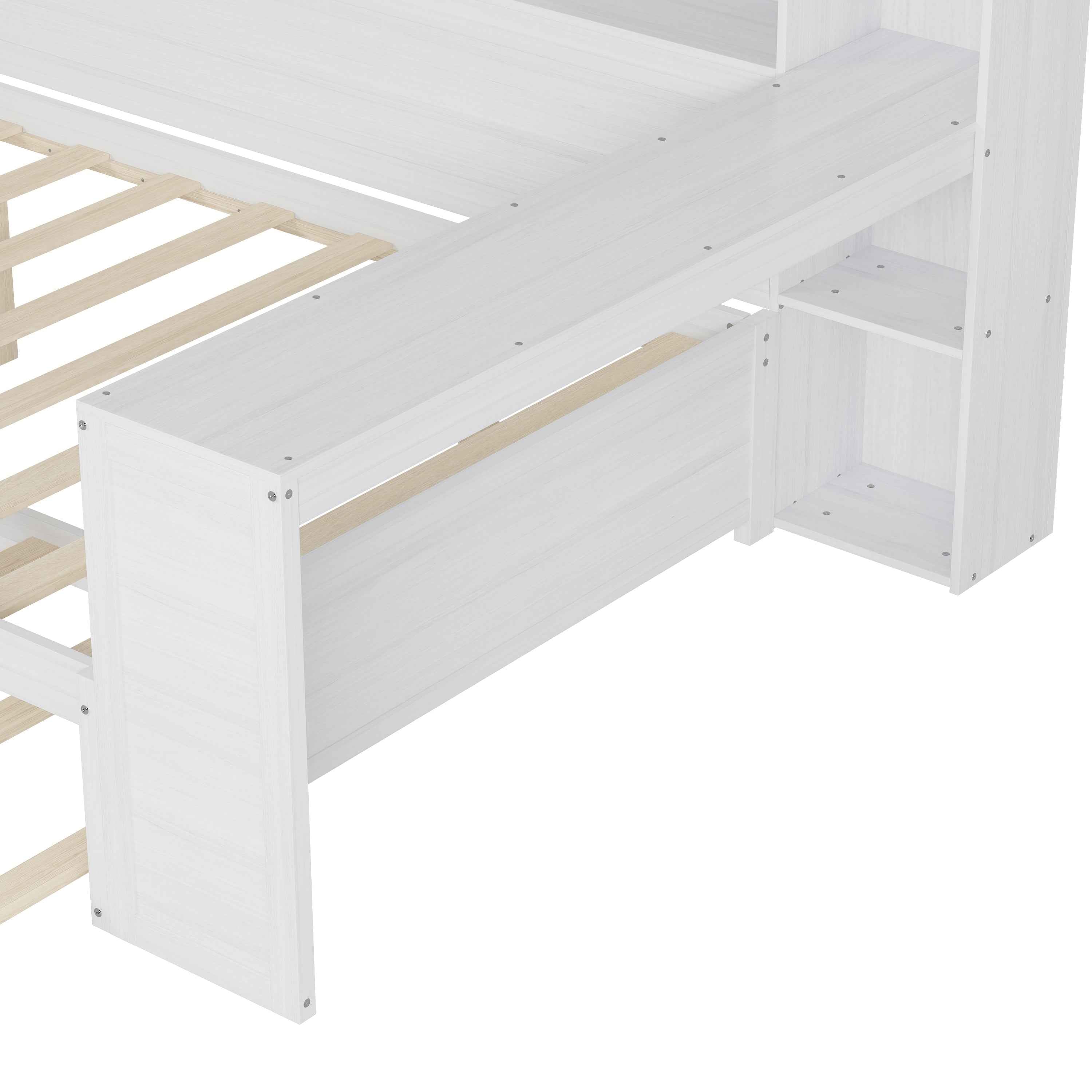 Wooden Full Size Daybed with Storage Shelves, Multi-functional Bed with Twin Size Trundle Bed and  Study Desk, Antique White