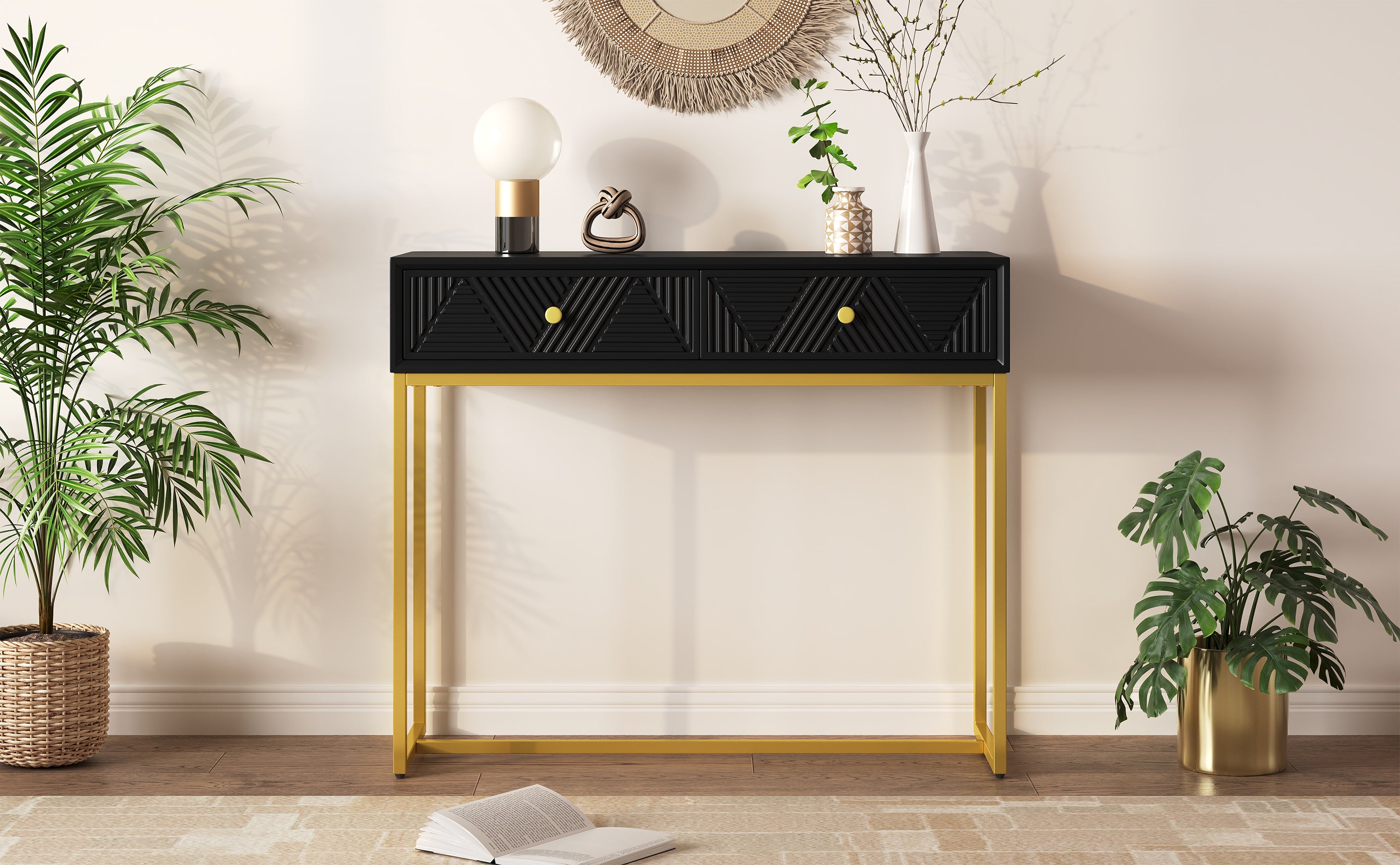 TREXM Modern Sleek Console Table Two Drawers with Stripe Design for Living Room and Entryway (Black)