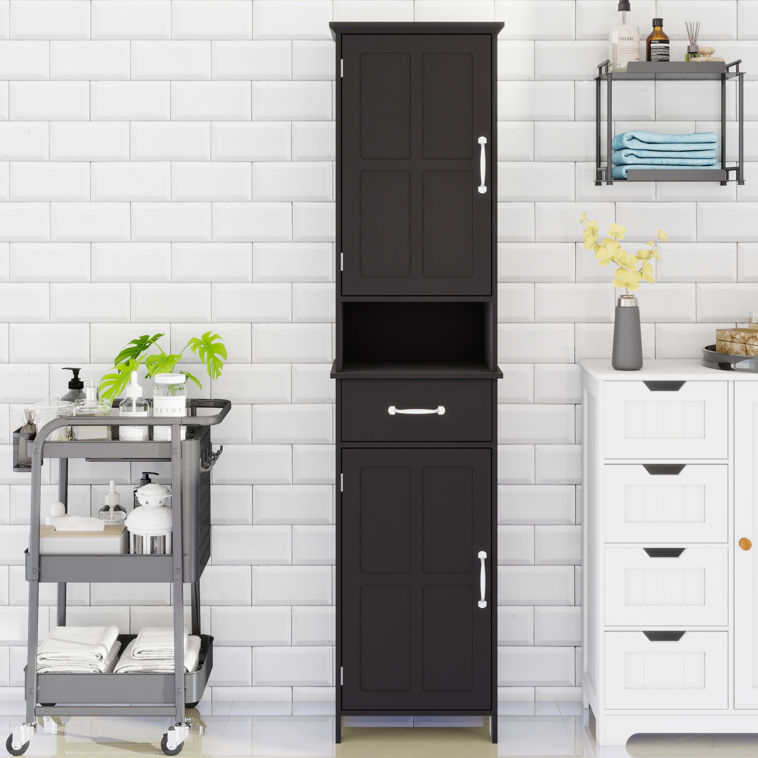 Double Door Narrow Height Slim Floor Standing Cabinet with 2 Adjustable Shelves-Black