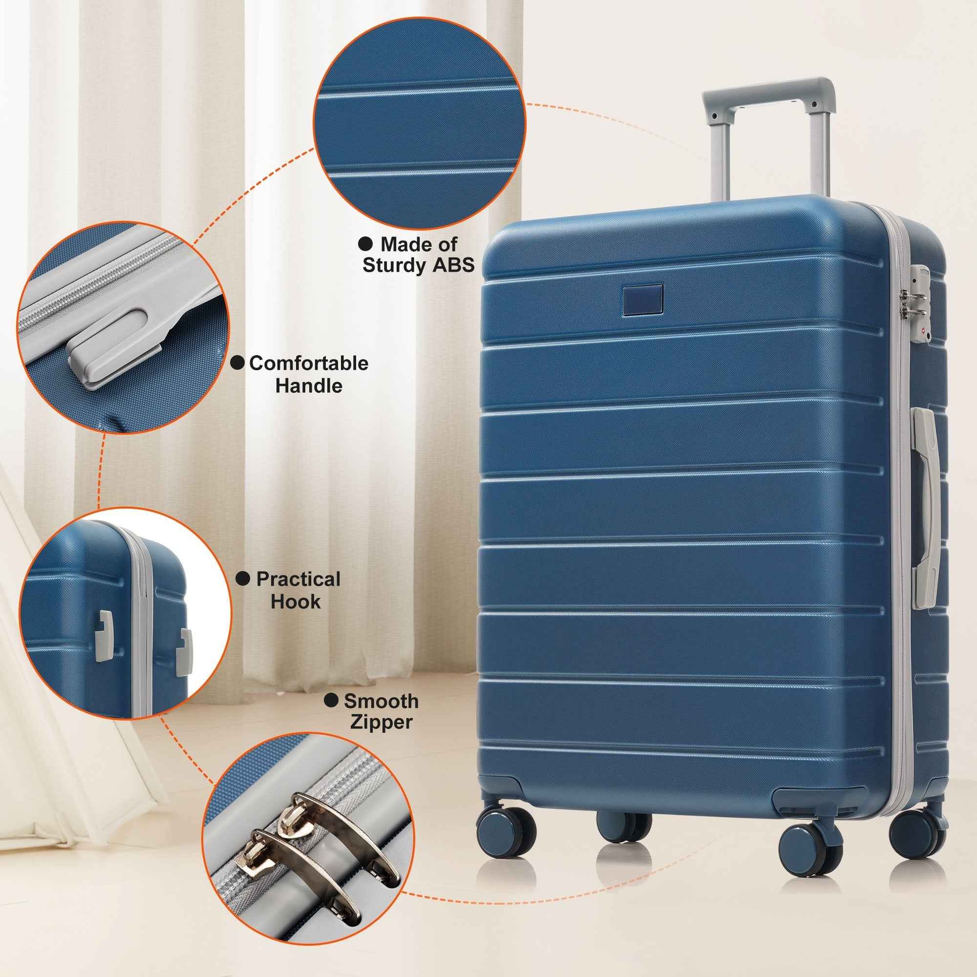 Premium ABS Travel Luggage Set , 3-Piece TSA Lock Suitcase Ensemble with 20, 24, and 28 Inch Sizes with 360° Spinner Wheels, blue