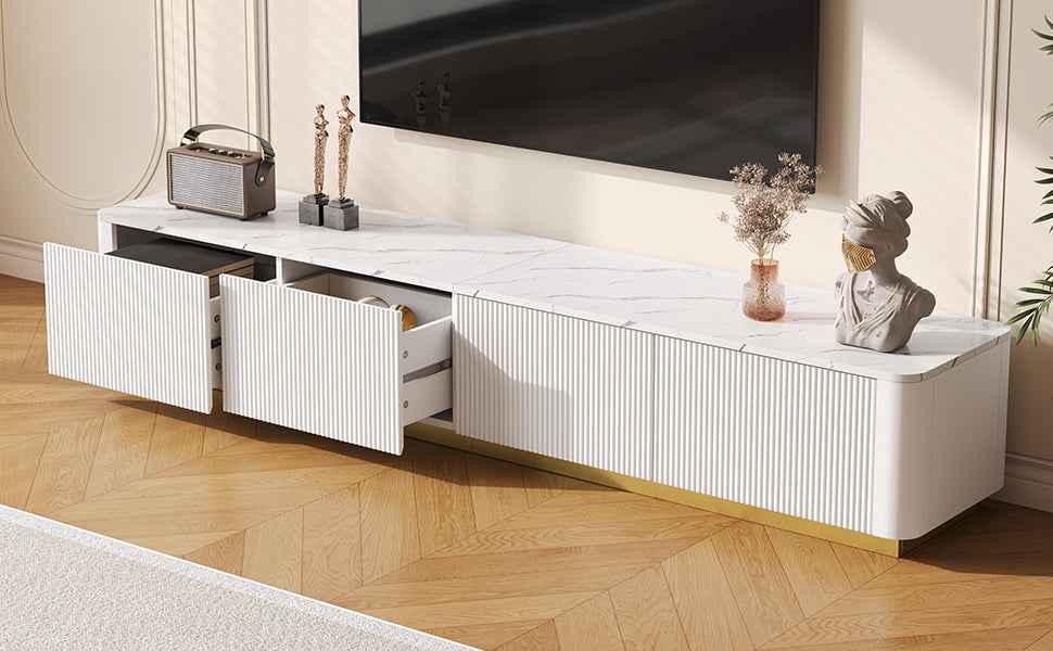 ON-TREND Luxury Fluted TV Stand for TVs Up to 85', Faux Marble Tabletop Media Console with 4 Drawers, Curved Profile Design, Modern Entertainment Center with Gold Base for Living Room, White
