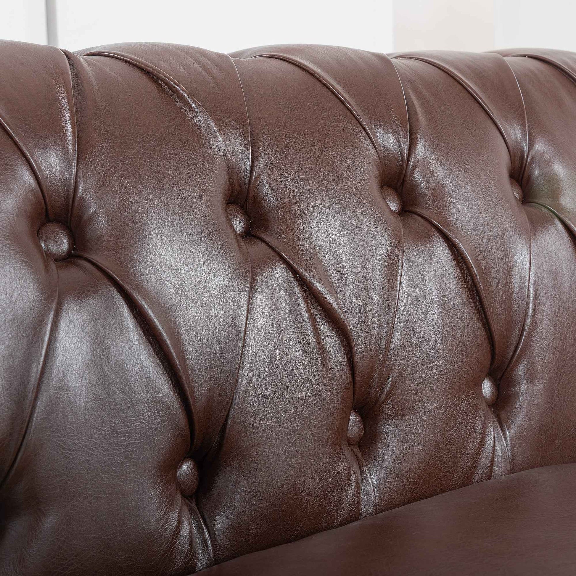 Dark Brown PU Rolled Arm Chesterfield Three Seater Sofa with Solid Wood Frame and Birch Legs