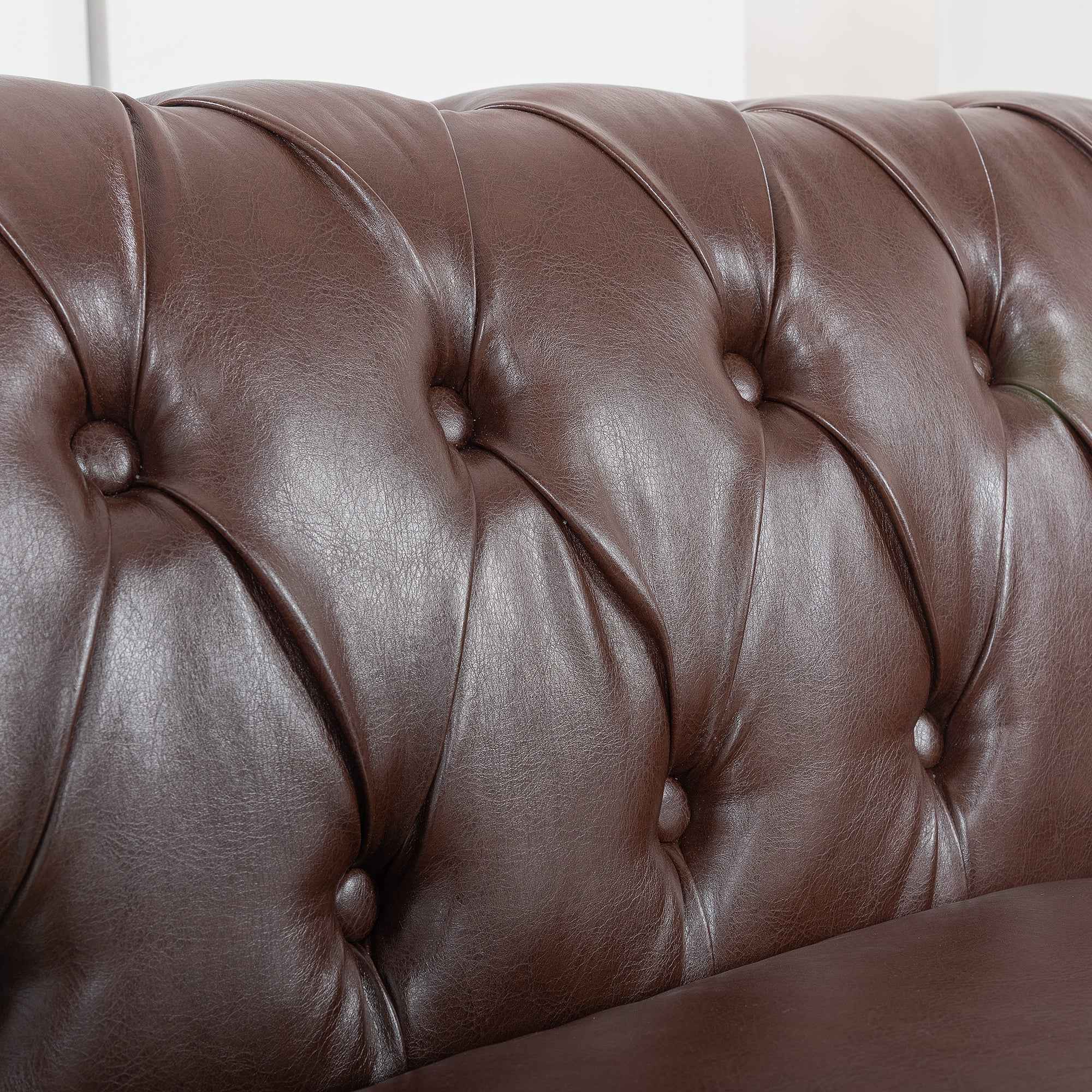 Dark Brown PU Rolled Arm Chesterfield Three Seater Sofa with Solid Wood Frame and Birch Legs