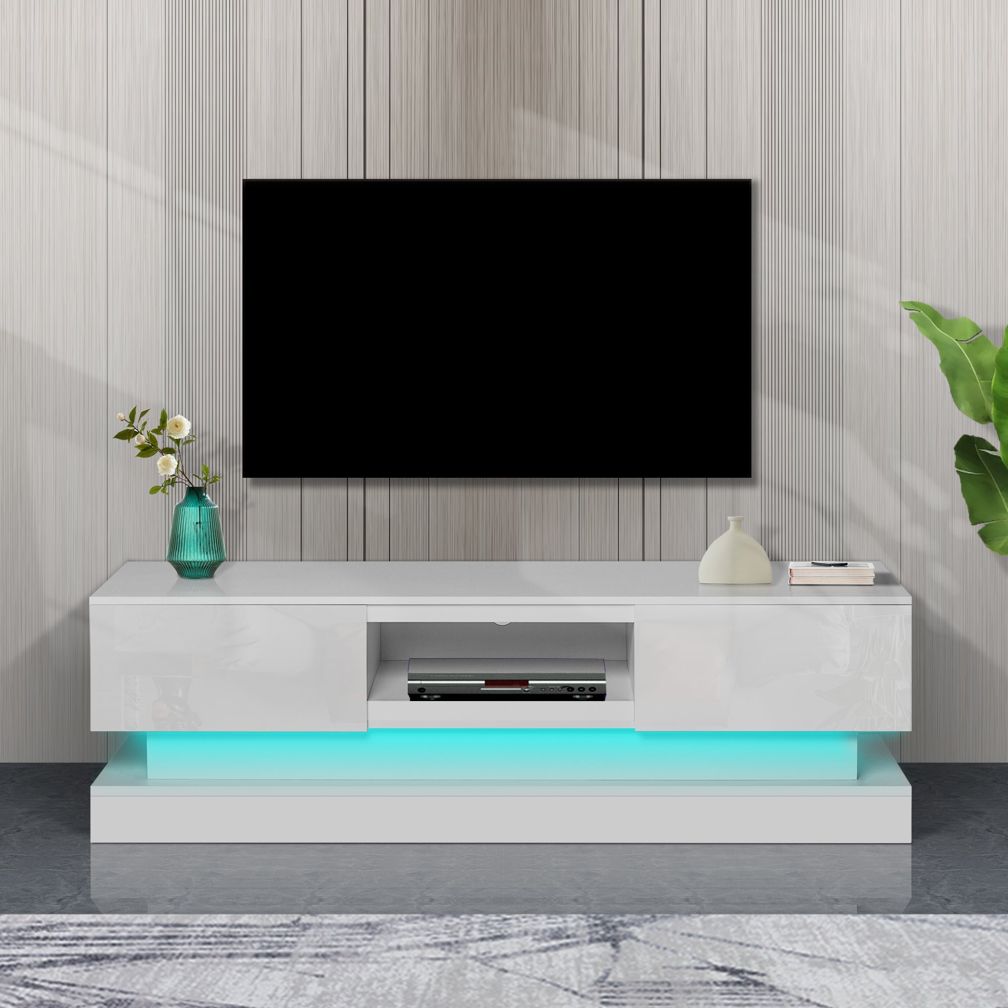 51.18inch  WHITE morden TV Stand with LED Lights,high glossy front TV Cabinet,can be assembled in Lounge Room, Living Room or Bedroom,color:WHITE