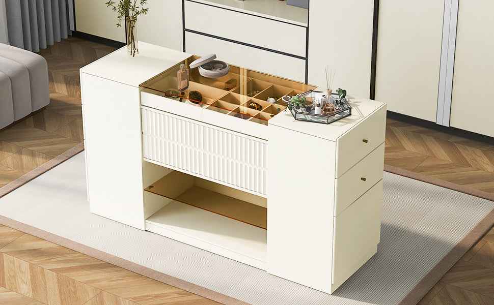 Modern Luxury Multi-Functional Island Vanity Dresser and Storage Cabinet with Glass Tabletop, Display Shelf, 6 Drawers, Cream White MDF