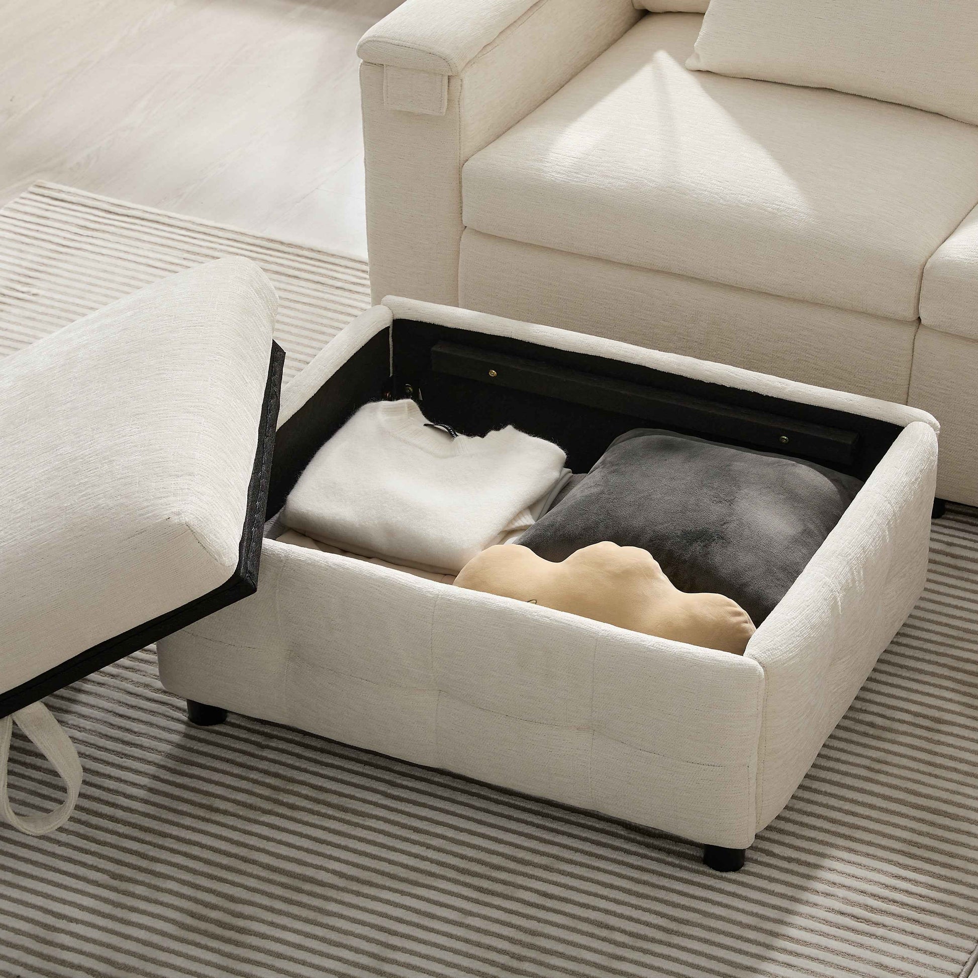 117*90'' Modular Sectional Pull-out Sofa Bed with Flip-up Table Panel, Reading Lamp, Charging Ports, Storage Ottoman, Tufted Design, 6 Pillows, Oversize & Free Combination, Chenille, 2 colors