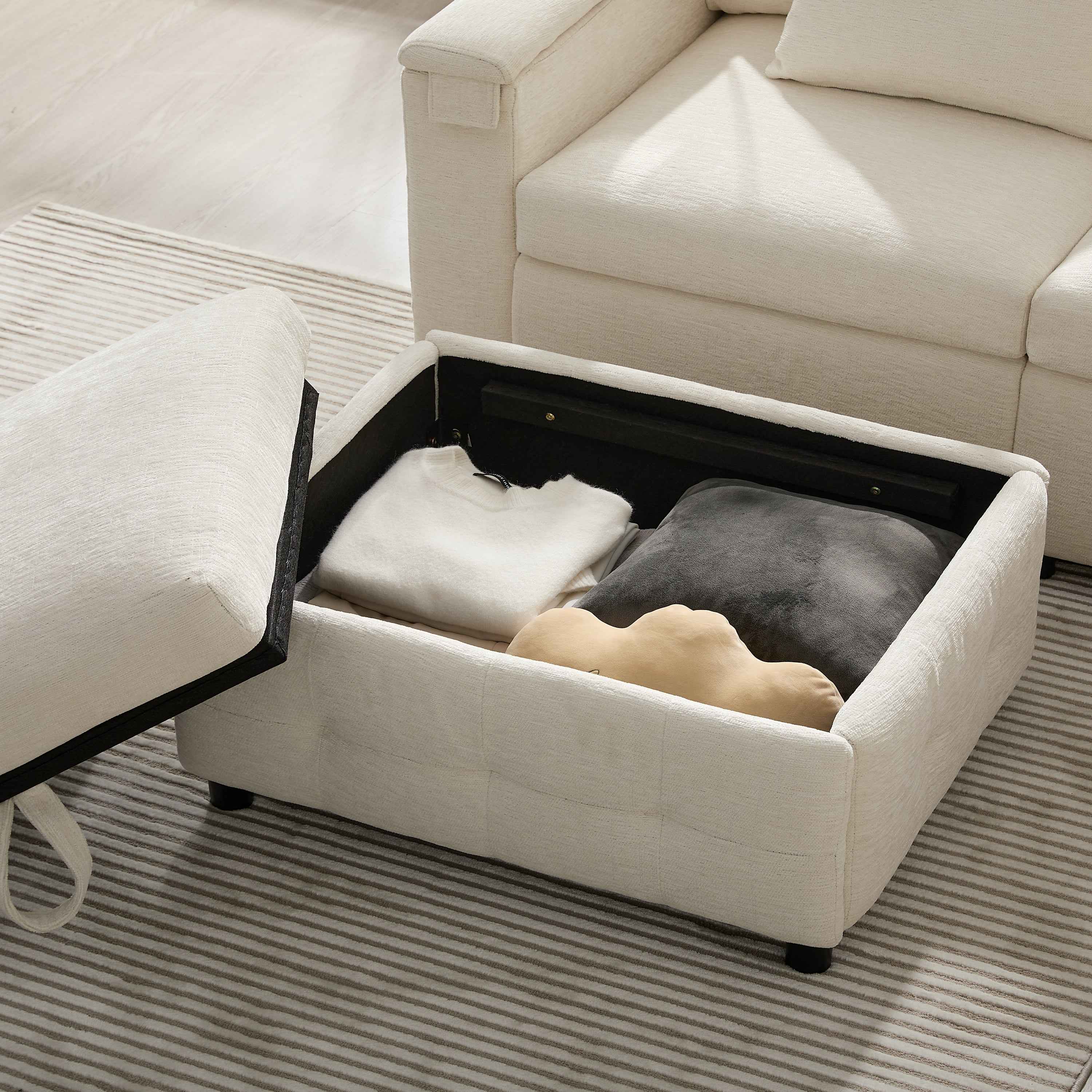 117*90'' Modular Sectional Pull-out Sofa Bed with Flip-up Table Panel, Reading Lamp, Charging Ports, Storage Ottoman, Tufted Design, 6 Pillows, Oversize & Free Combination, Chenille, 2 colors