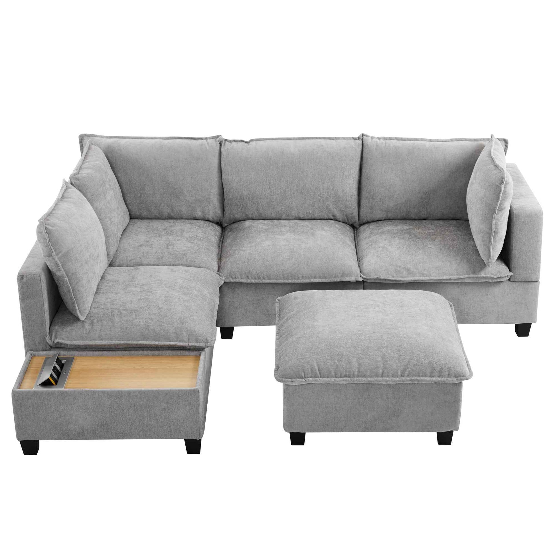 Modular 90' U-shaped Sectional Sofa with Movable Ottoman and Hidden Charging Coffee Table, Grey, Chenille