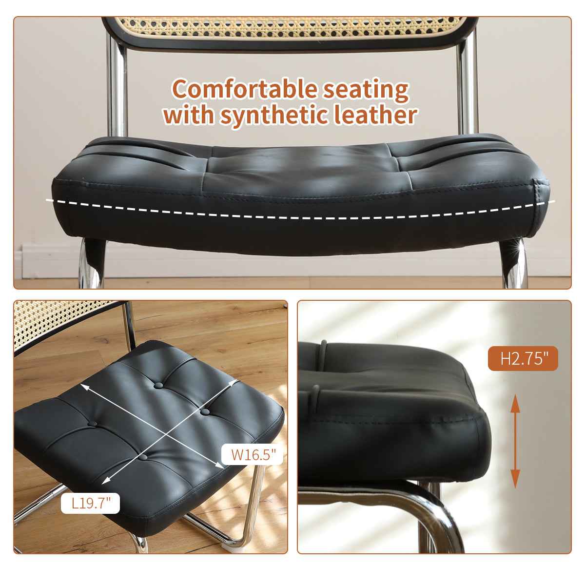 Dining Chairs Set of 2, Fauex Leather Rattan Side Accent Chairs with Chrome Legs, Modern Mid Century Breuer Designed Chairs, Upholstered Dining Living Room Kitchen Chairs (Black-2pcs)
