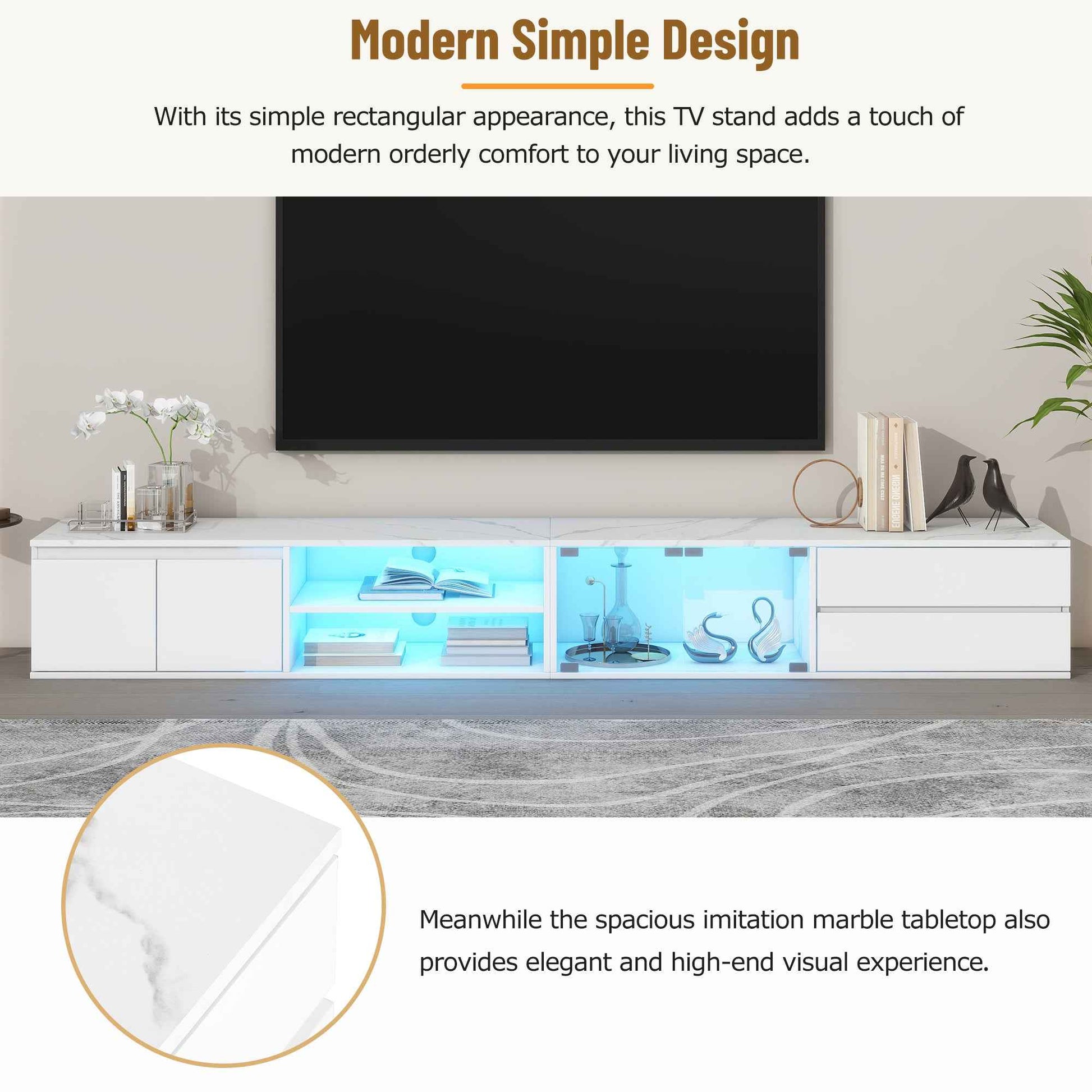 ON-TREND Modern APP Controlled LED TV Stand for TVs Up to 105'', Faux Marble Tabletop Media Console with Tempered Glass Doors, Entertainment Center with 2 Drawers & Cabinets for Living Room, White
