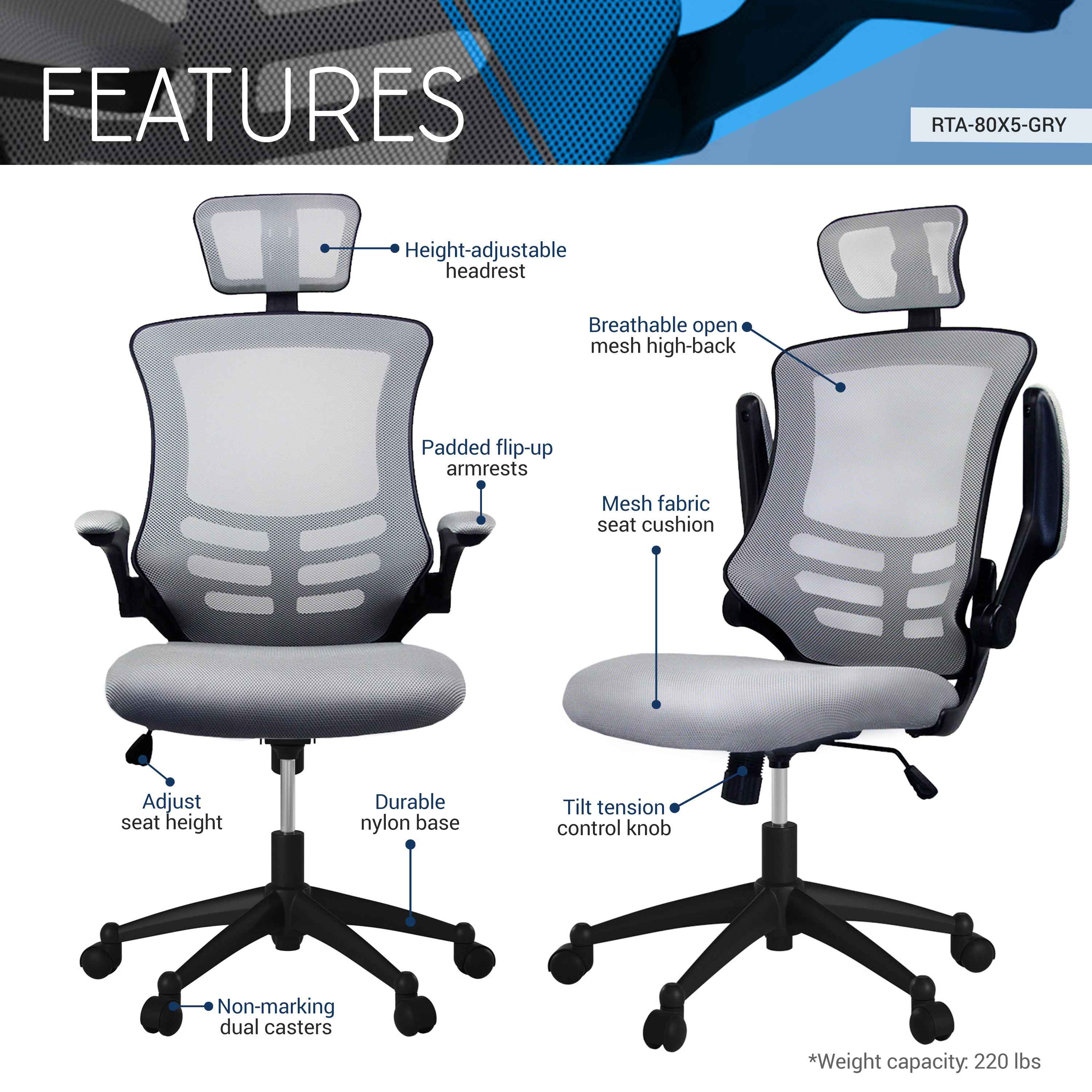 Modern High-Back Mesh Executive Office Chair with Headrest and Flip-Up Arms, Silver Grey
