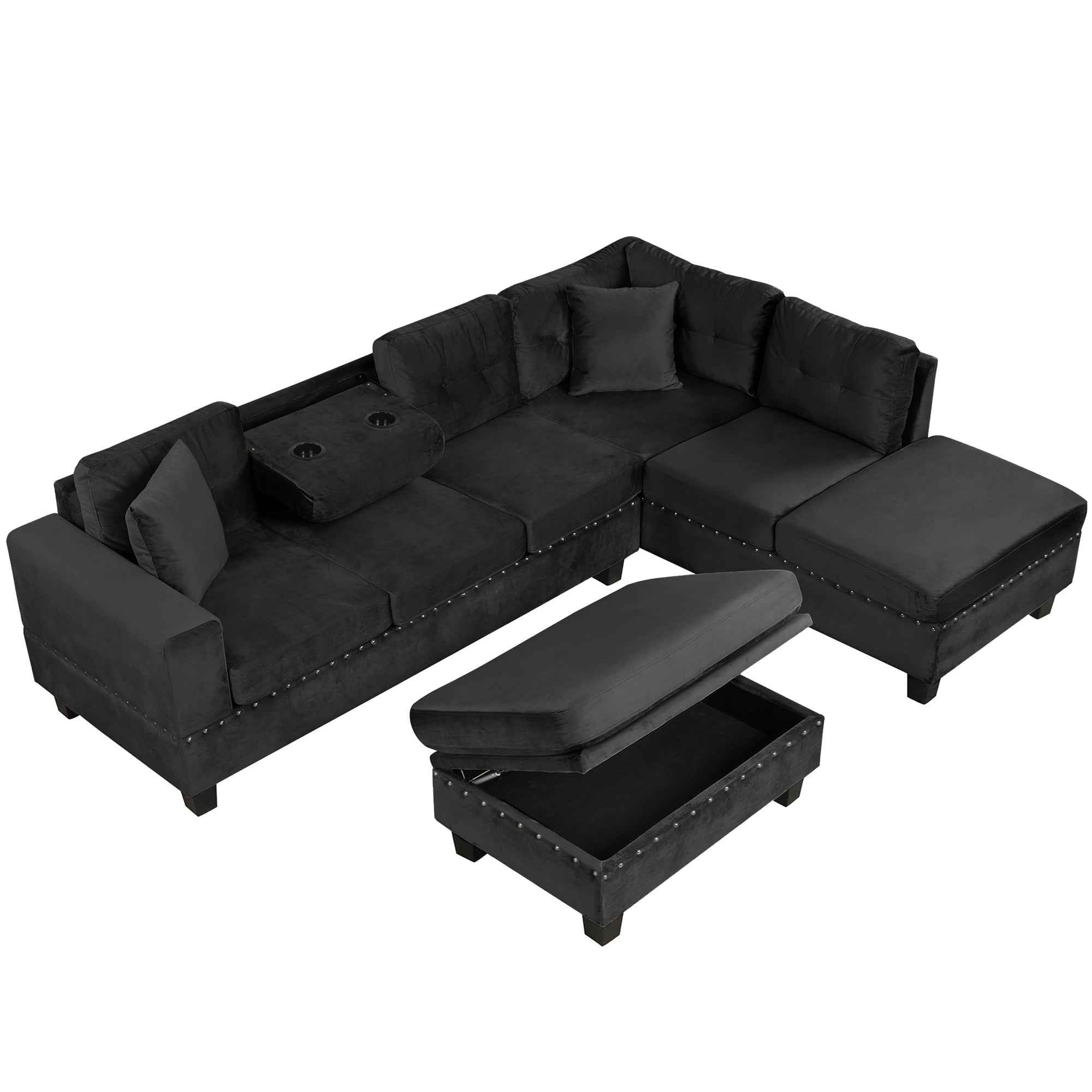 Modern Sectional Sofa with Storage Ottoman, L-Shape Couch with 2 Pillows and Cup Holders, Black Velvet, 105'