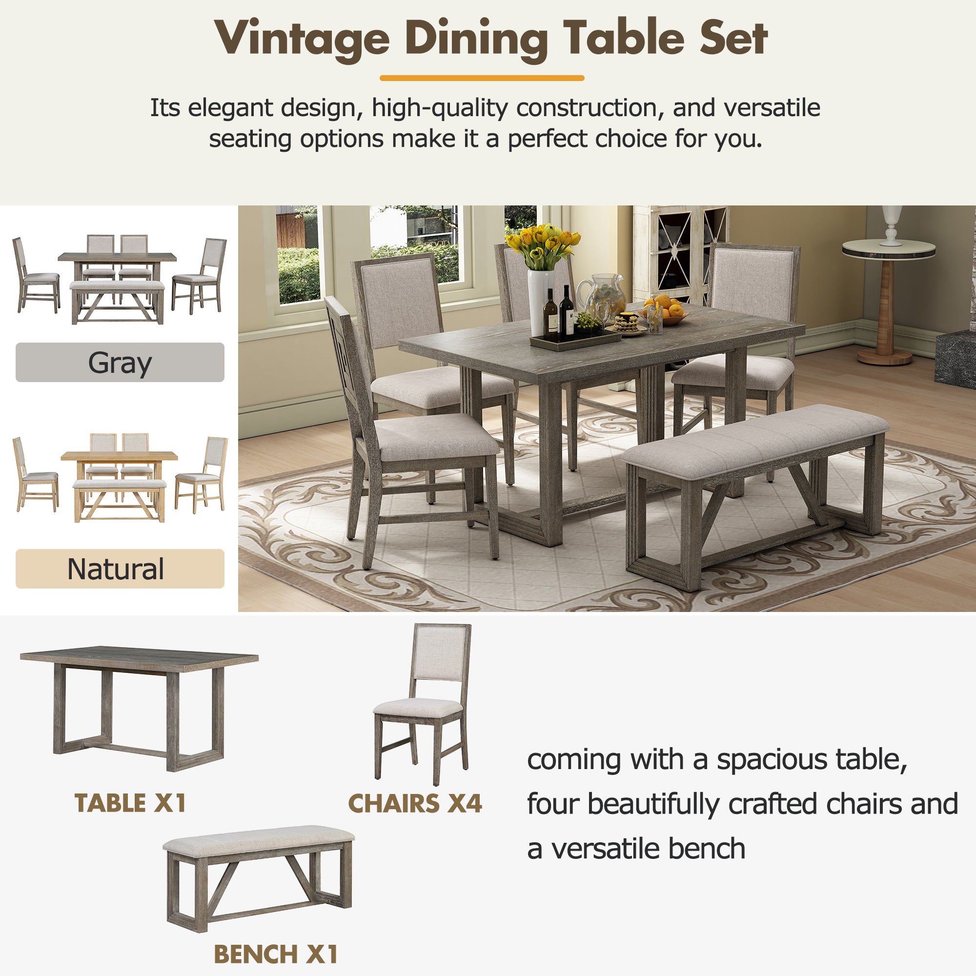 TREXM 6-Piece Retro Dining Set, 1 Rectangular Table with Designed Trestle Base and 4 Upholstered Chairs and 1 Bench for Dining Room and Kitchen (Gray)