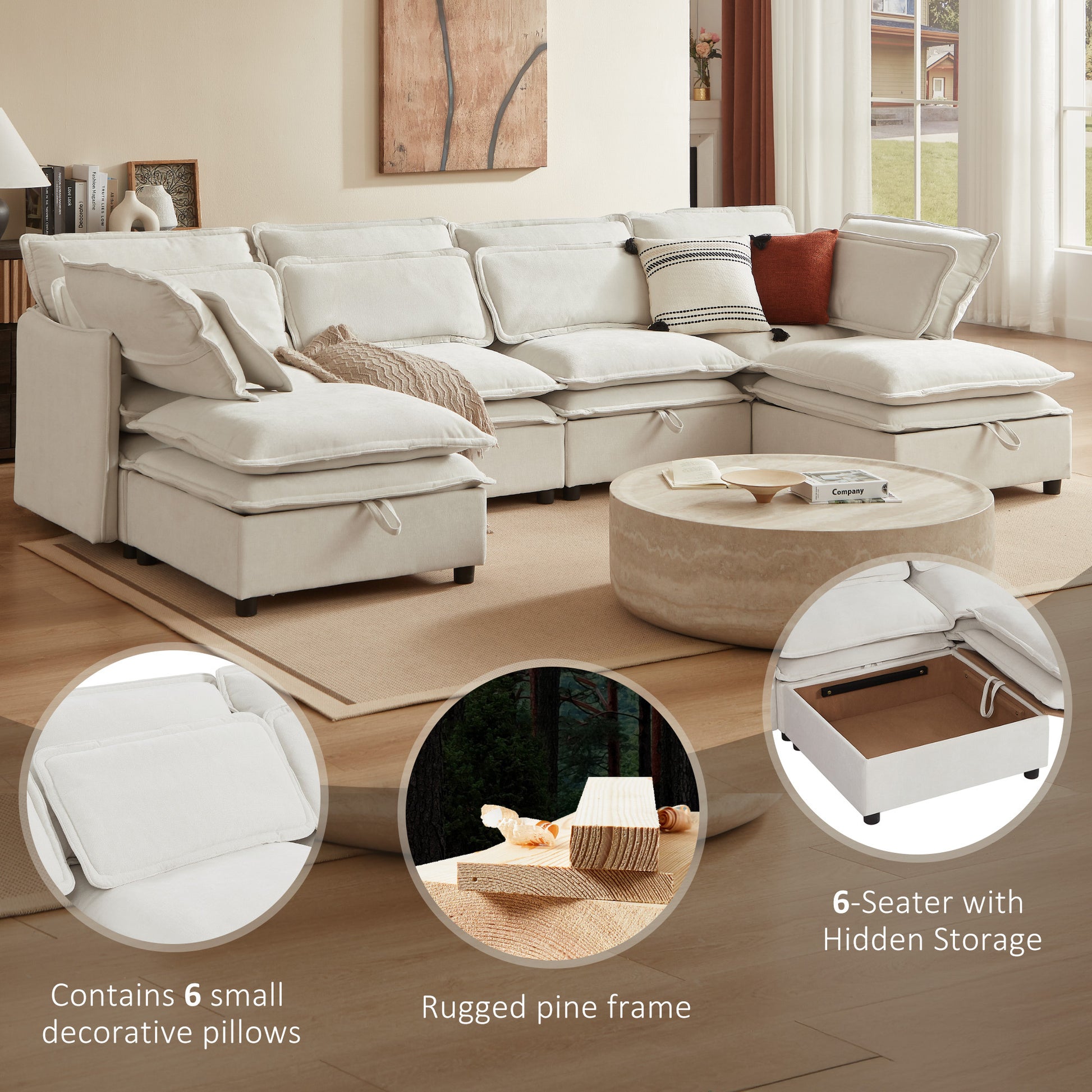 U_Style Double-Layer Cushion Modern Large U-Shaped Modular Sofa, Freely Combinable 6-Seater with Storage Function, Convertible to Sofa Bed, Perfect for Living Rooms, Offices, and Apartments - Abrihome