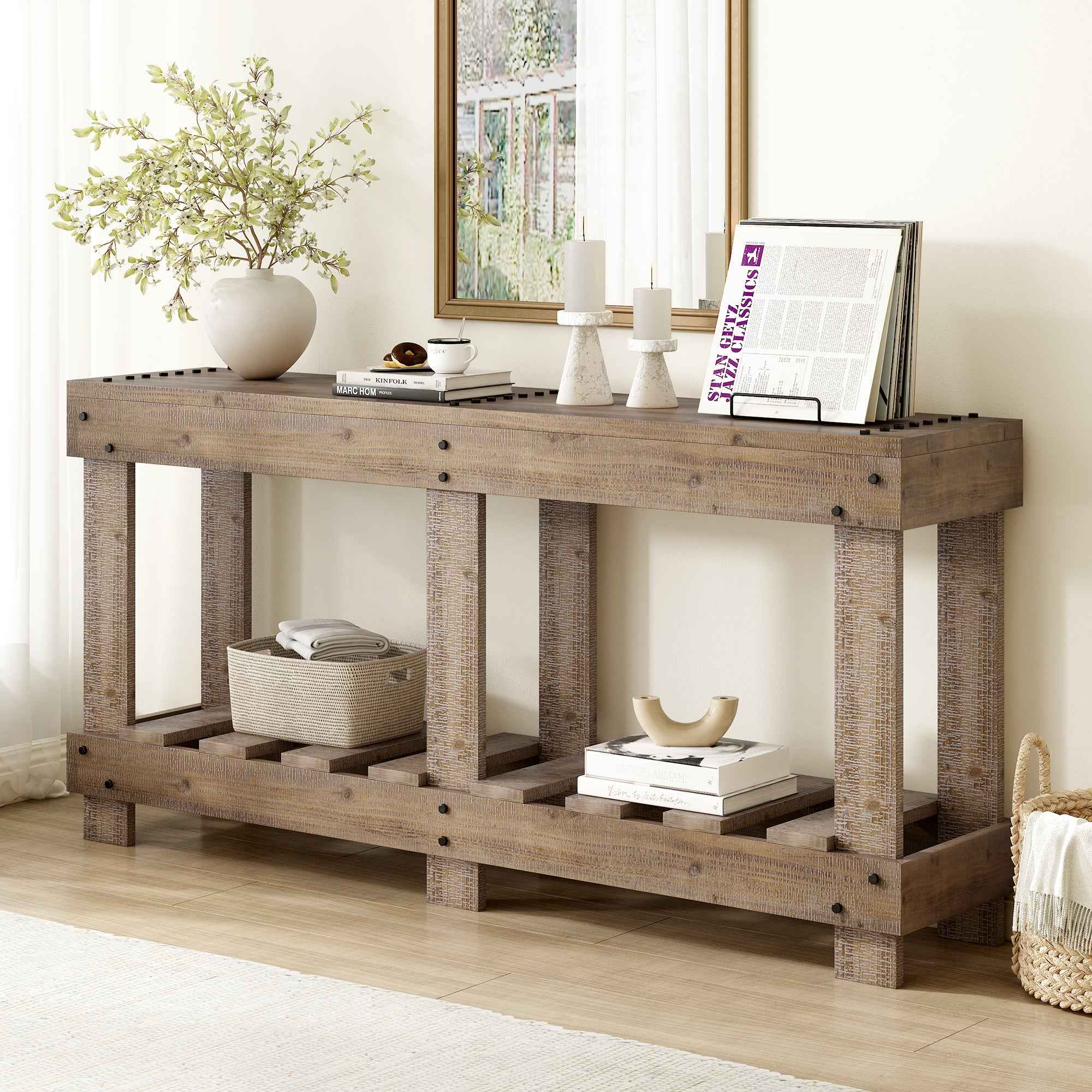 U_Style 62.9' Vintage Entryway Table - Fir Solid Wood with Natural Grain, 6 Reinforced Legs & 4.5' Thick Desktop, Metal Rivet Decor & Plank Under-Shelf, Console Table for Hallway, Living Room