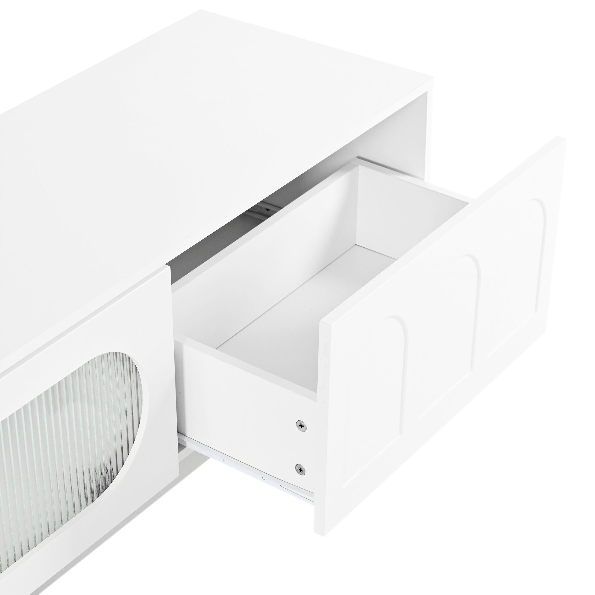 ON-TREND TV Stand with Fluted tempered Glass Doors for TVs Up to 95'', Functional Media Console with Arched Cabinet Doors, Entertainment Center with APP-Controlled LED Light for Living Room, White - Abrihome