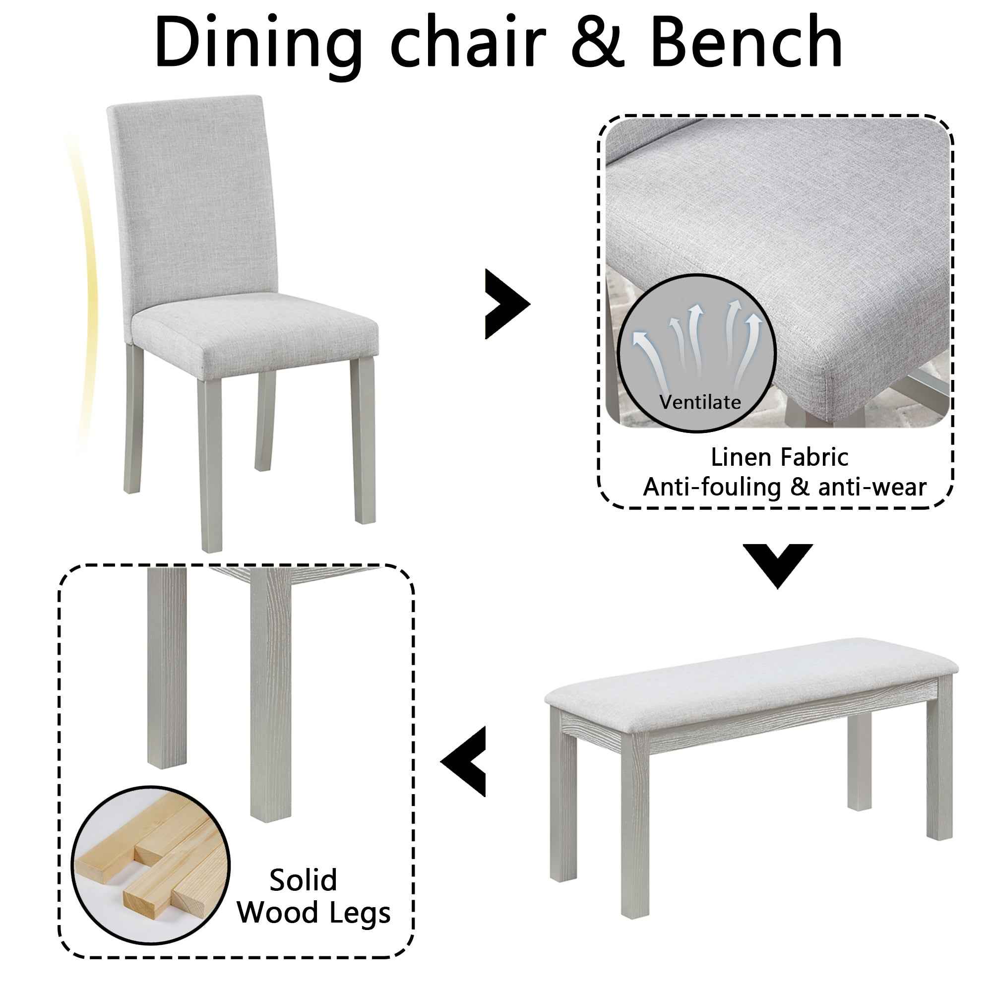6 Piece Wooden Dining Table Set, Wooden Dining Table with 4 Upholstered Chairs and Bench for 6 People, Rectangular Dining Table Set with Crystal Decoration for Kitchen, Dining Room, Silver grey