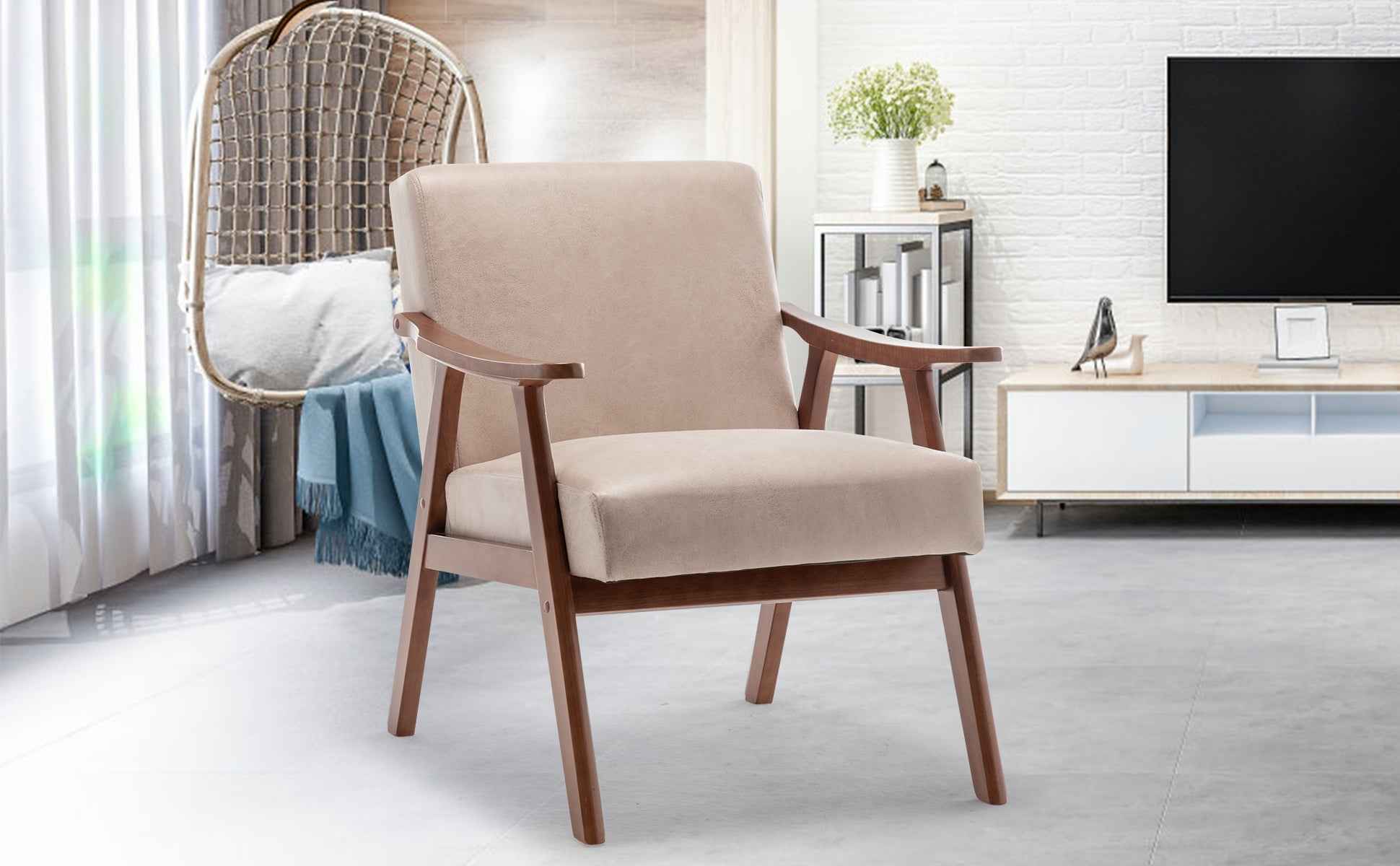 Mid-Century Modern Wingback Accent Chair with Solid Wood Frame and Extra-Thick Backrest – Lounge Chair for Living Room, Bedroom, or Reading Room