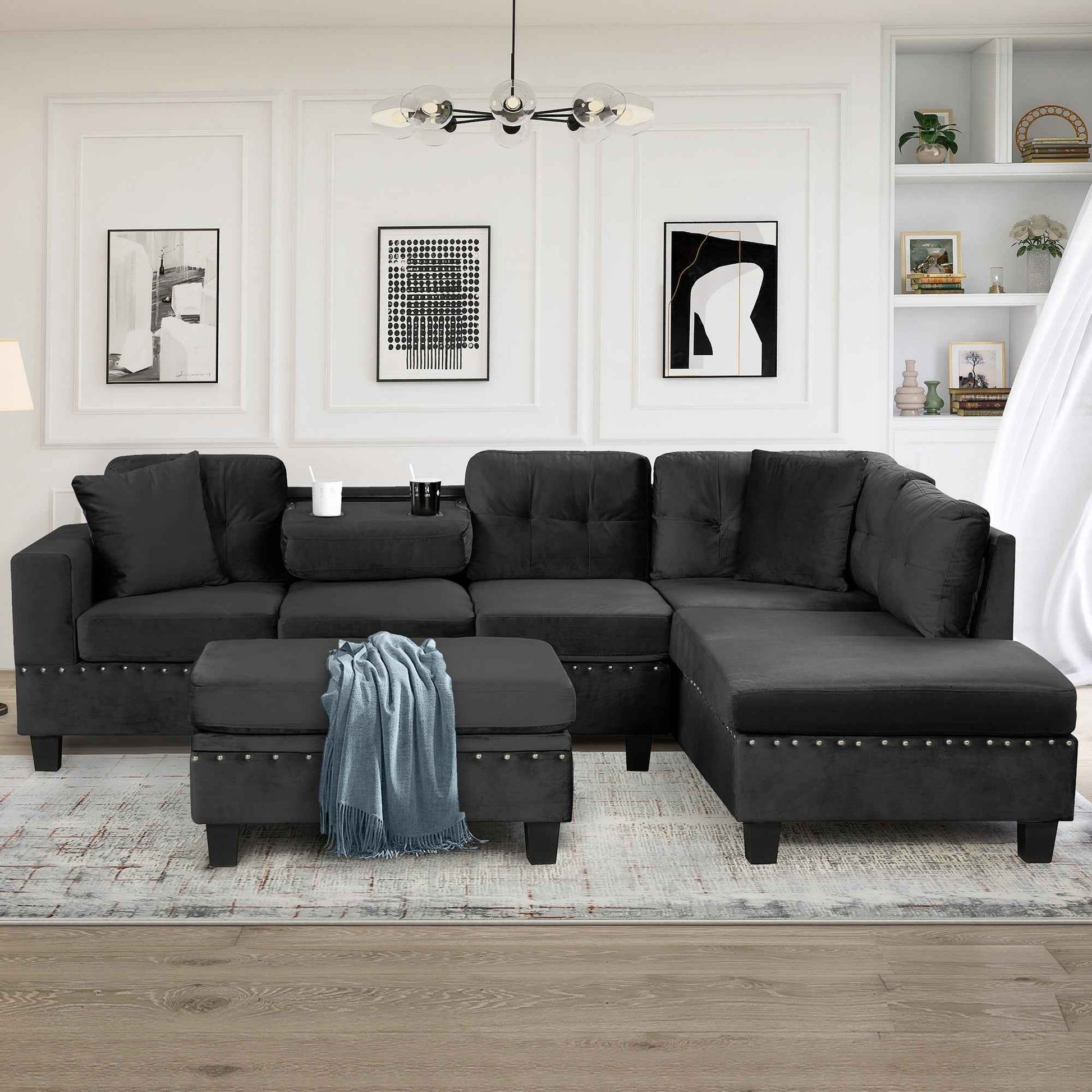 Modern Sectional Sofa with Storage Ottoman, L-Shape Couch with 2 Pillows and Cup Holders, Black Velvet, 105'