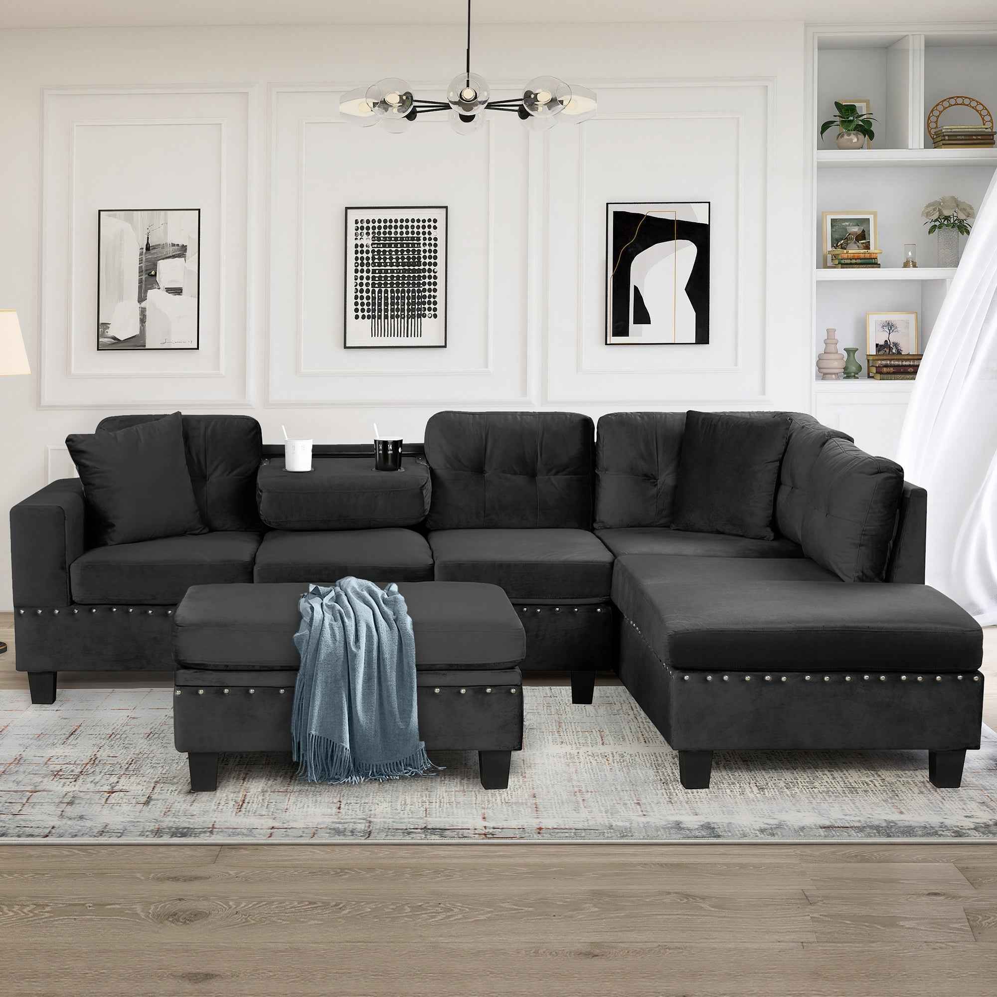 Modern Sectional Sofa with Storage Ottoman, L-Shape Couch with 2 Pillows and Cup Holders, Black Velvet, 105'