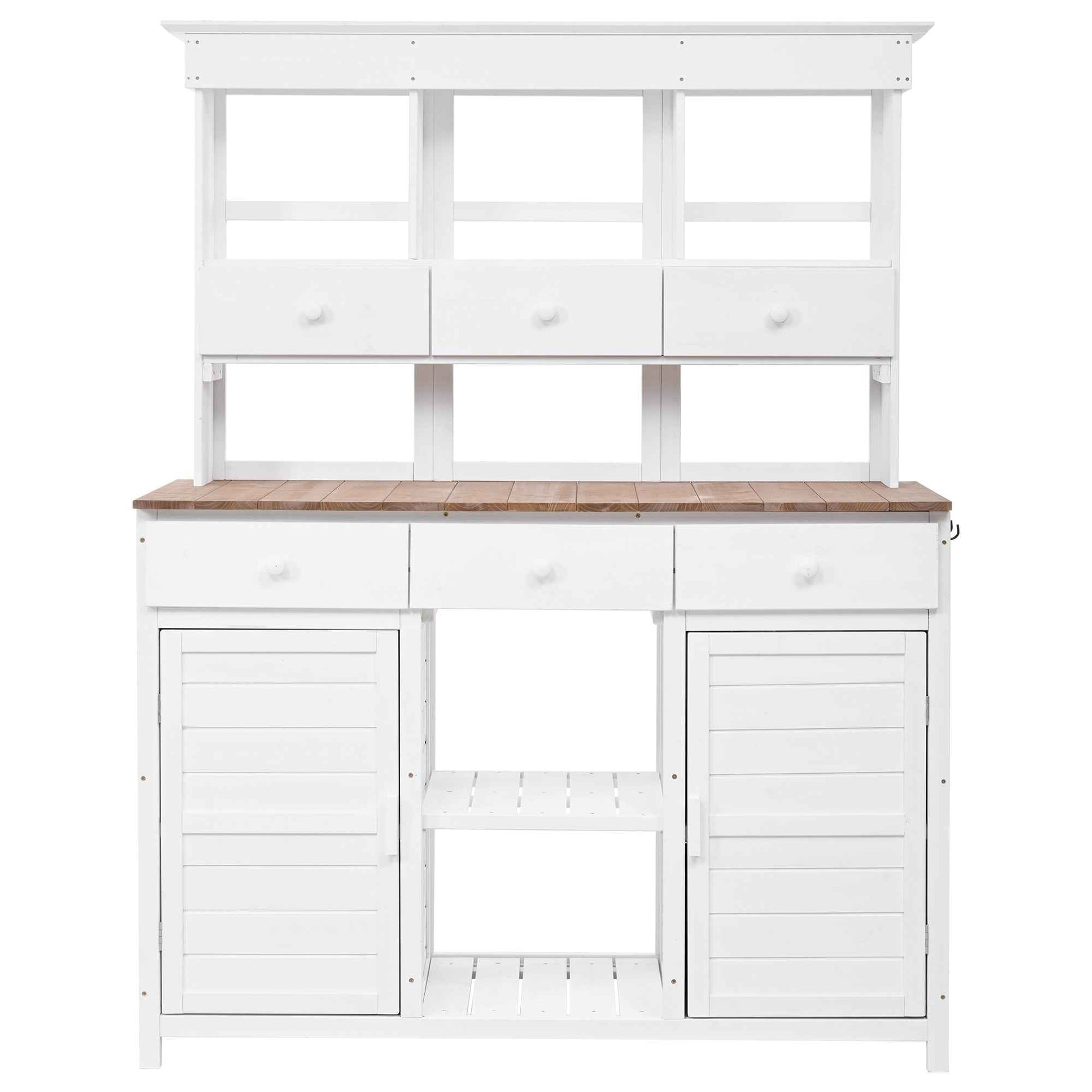 [Assembly Video Provided] TOPMAX 65.7'' H Tall Garden Potting Bench Table with Hutch,Patio Storage Workstation with 3 Shelves,6 Drawers,2 Bottom Cabinets&Side Hooks for Mudroom,Doorway, White