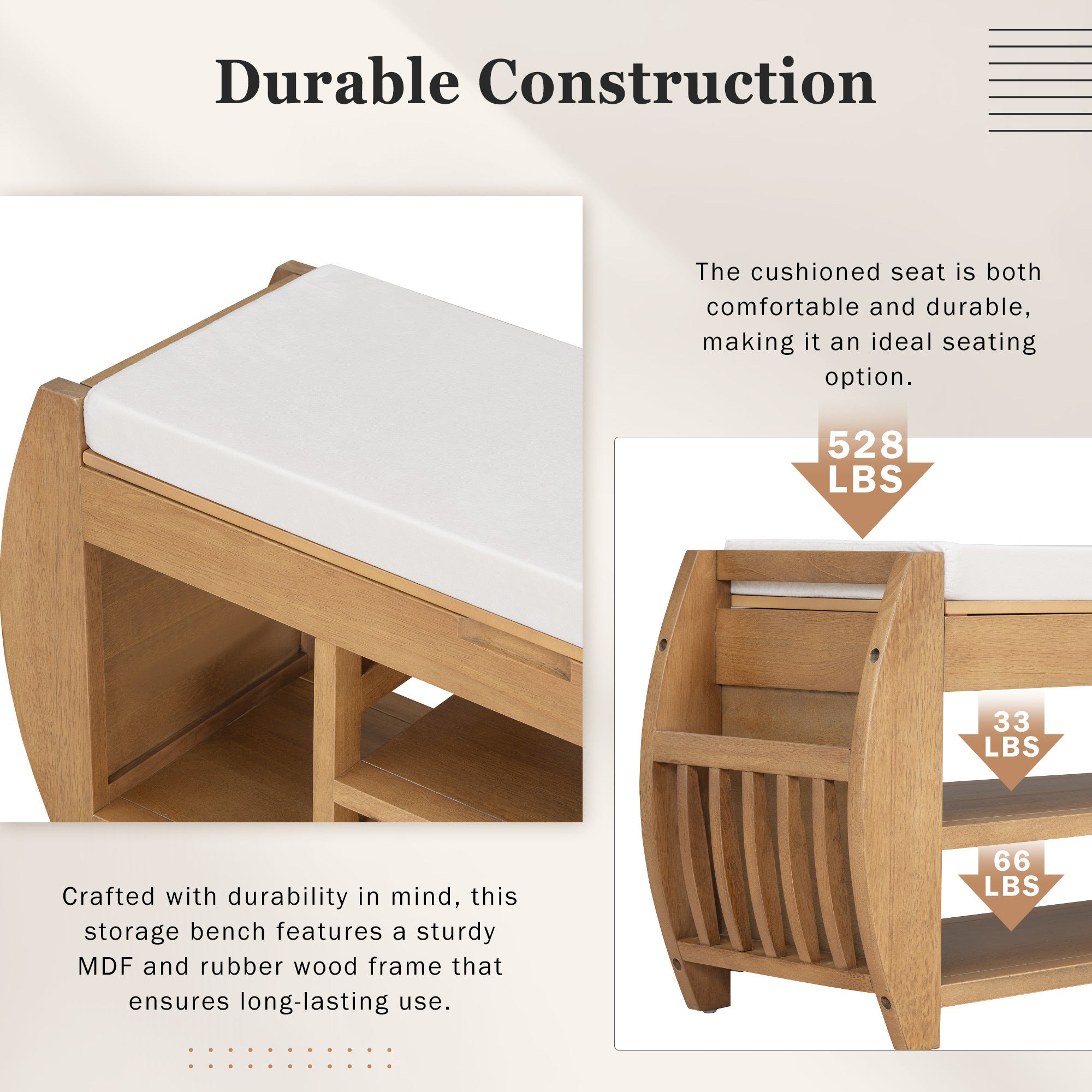 TREXM Retro Multifunctional Storage Bench with Cushion and Curved Side Panel for Entrance and Living Room (Natural)