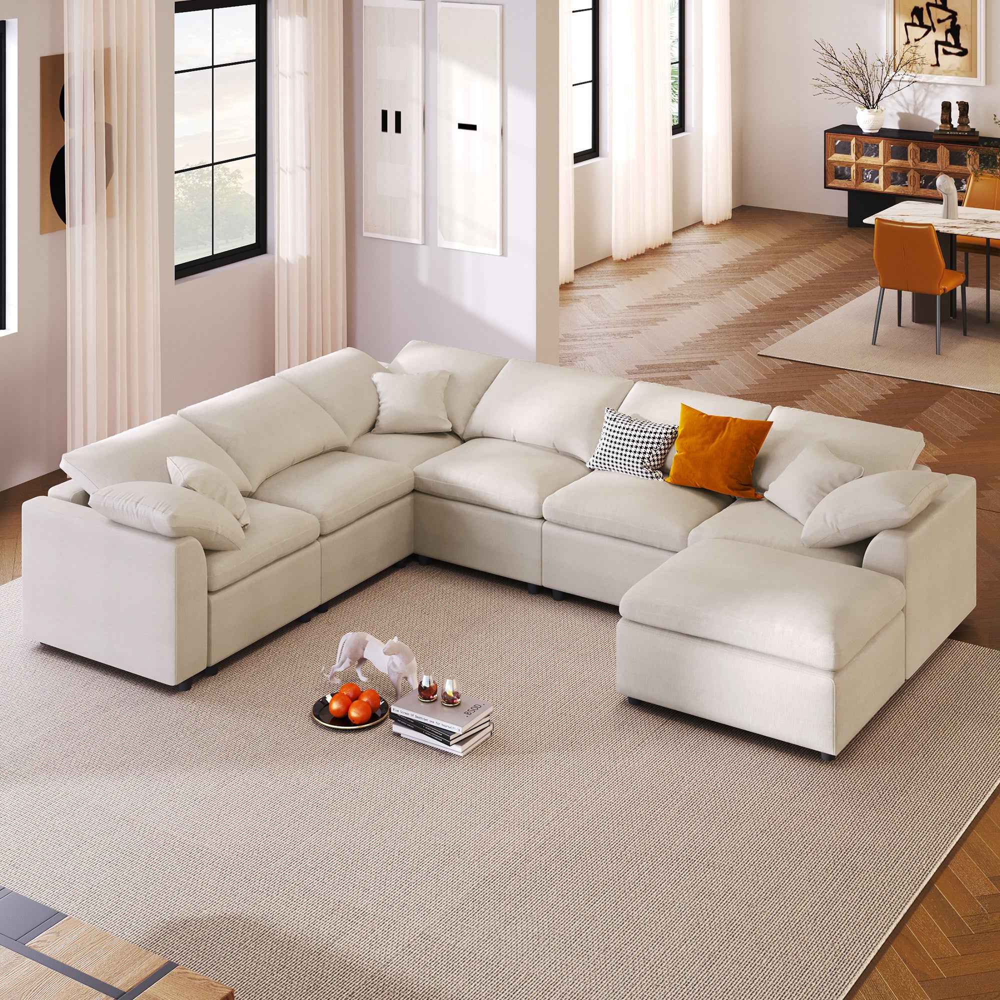 U_Style 124.8' Extra Large 7-Seater Modular Sectional Sofa with L-Shape Design & Movable Ottoman, Plush Chenille Fabric + Solid Pine Wood Frame for Living Room, Office, Spacious Space