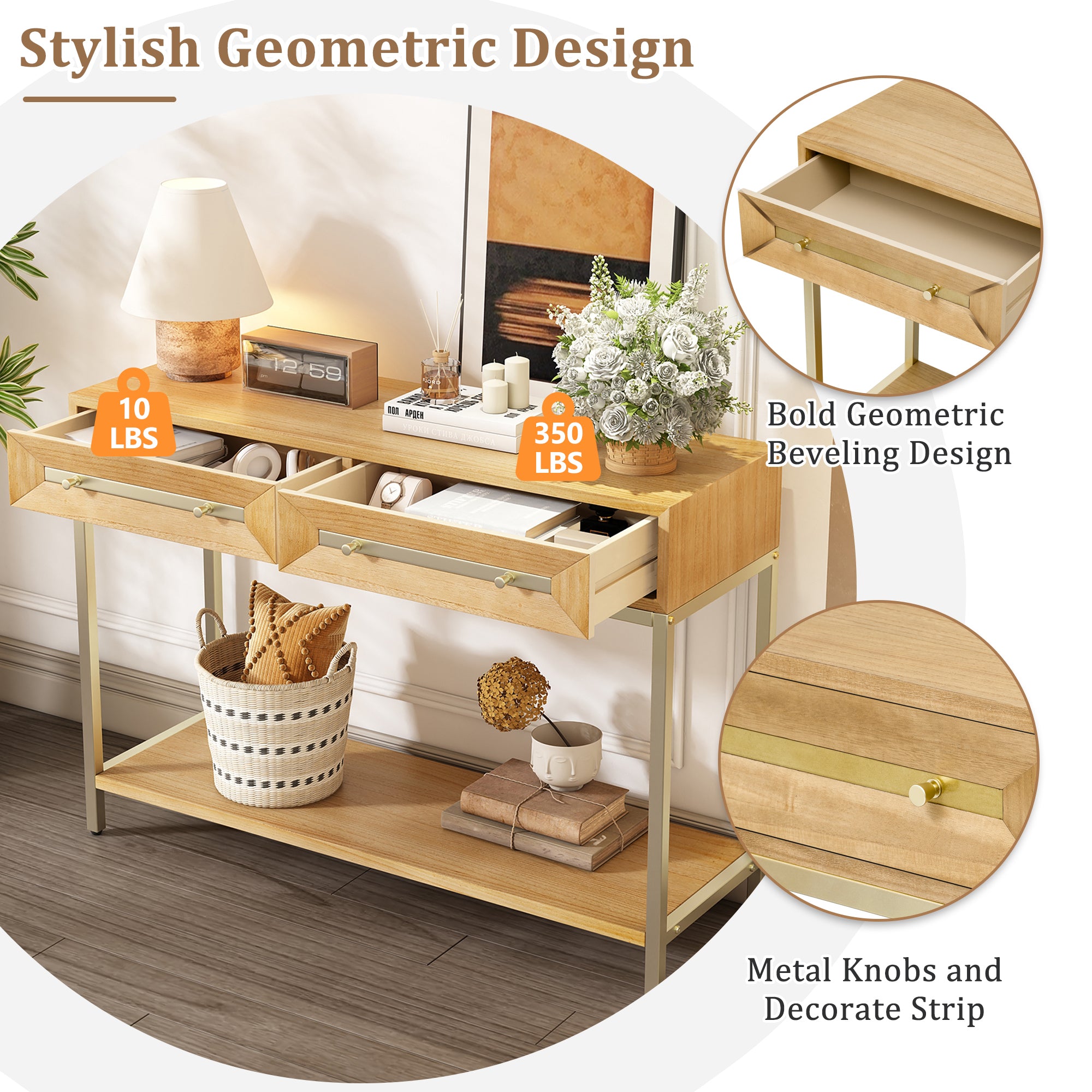 TREXM Entryway Table, Console Table with Two Drawers, Retro Hallway Table with Striking Geometric Design for Entryway and Living Room (Natural) - Abrihome