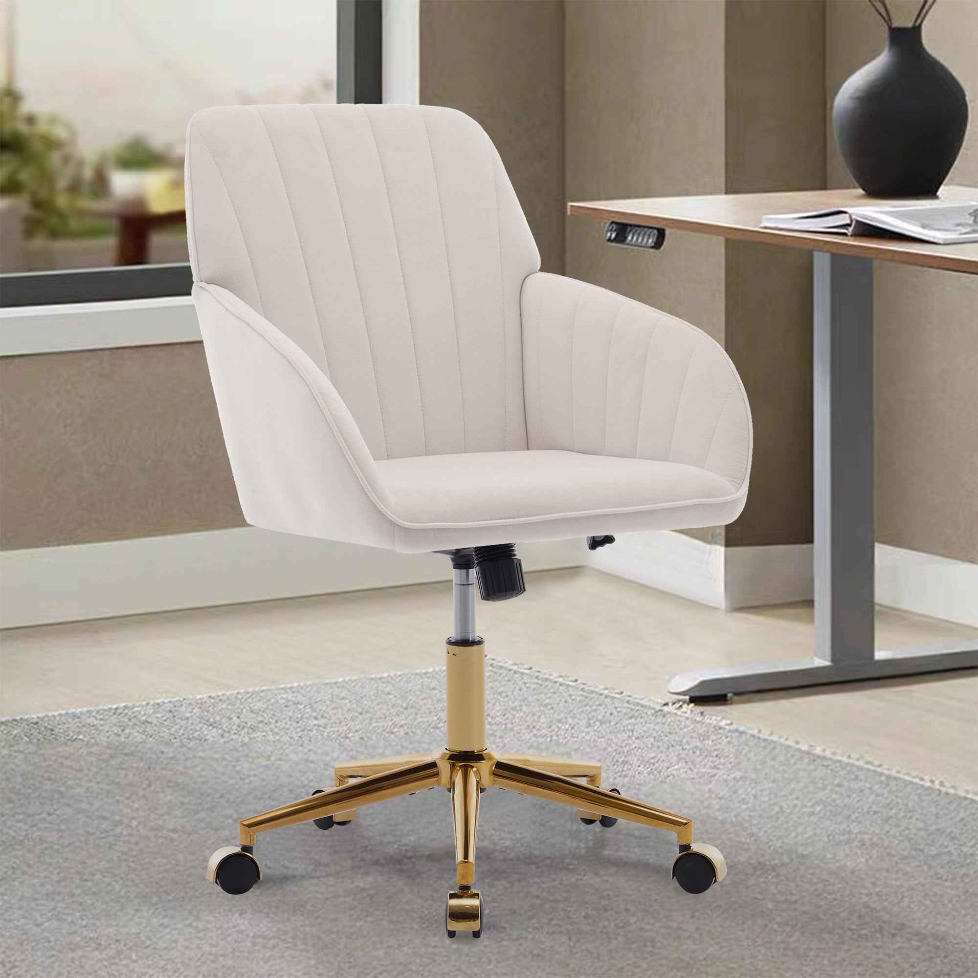 TY Ergonomic Swivel Office Chair, Adjustable and Comfortable, Beige Velvet Upholstery, 24.60 x 22.84 x 38.00 inches