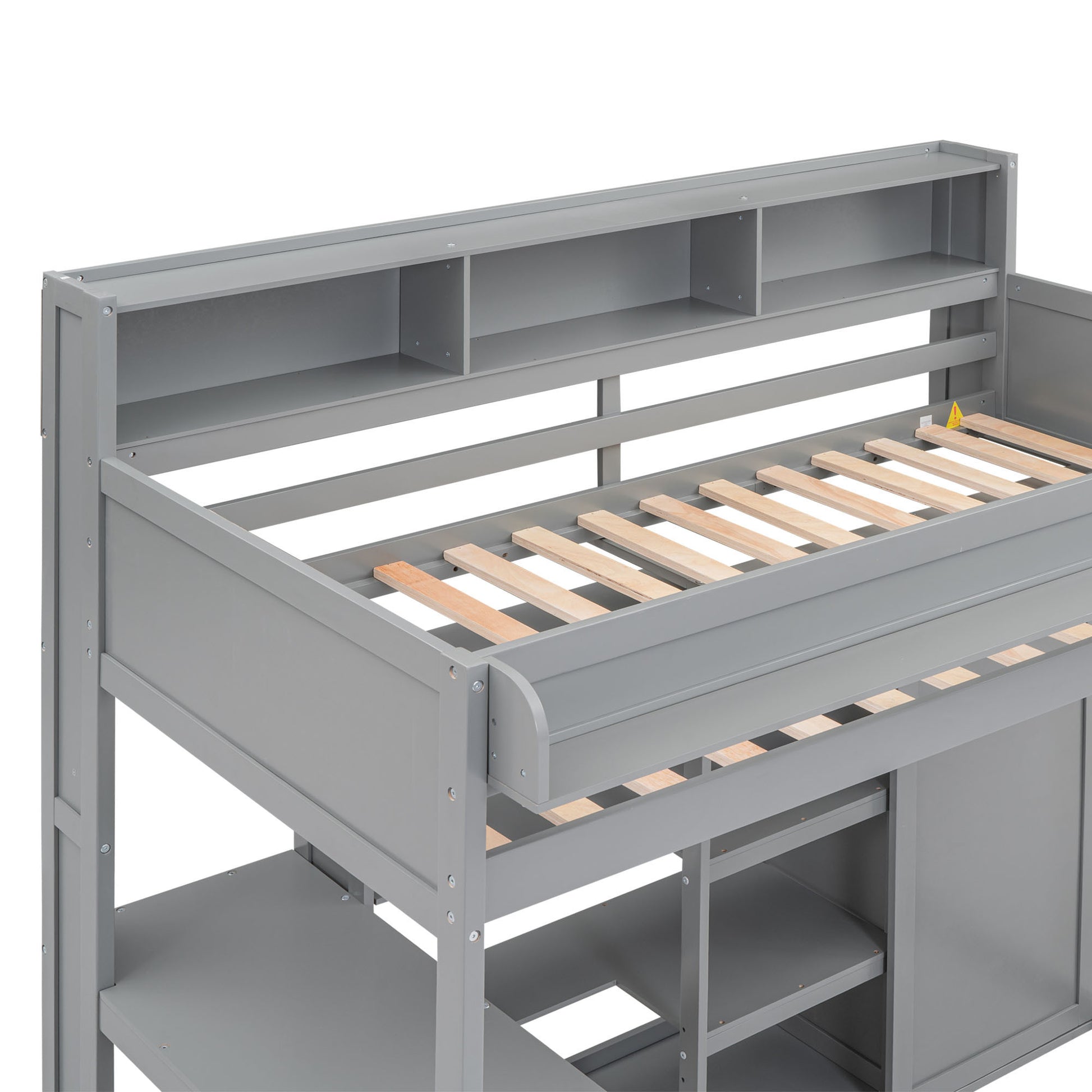 Wood Twin Size Loft bed with Multiple Storage Shelves and Wardrobe, Gray - Abrihome