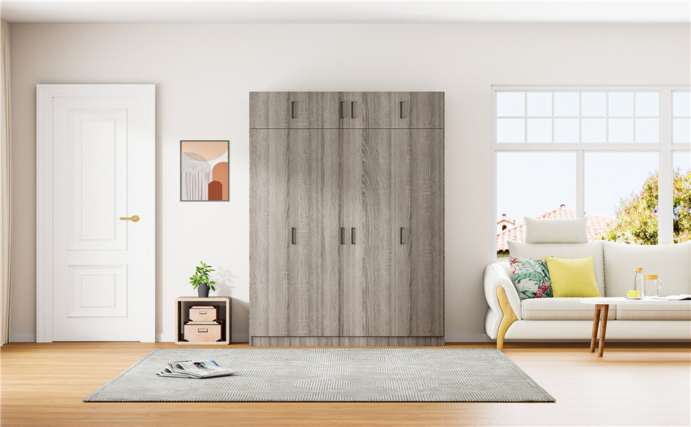 4-Door Wardrobe with 1 Drawer and Top Cabinet , Gray