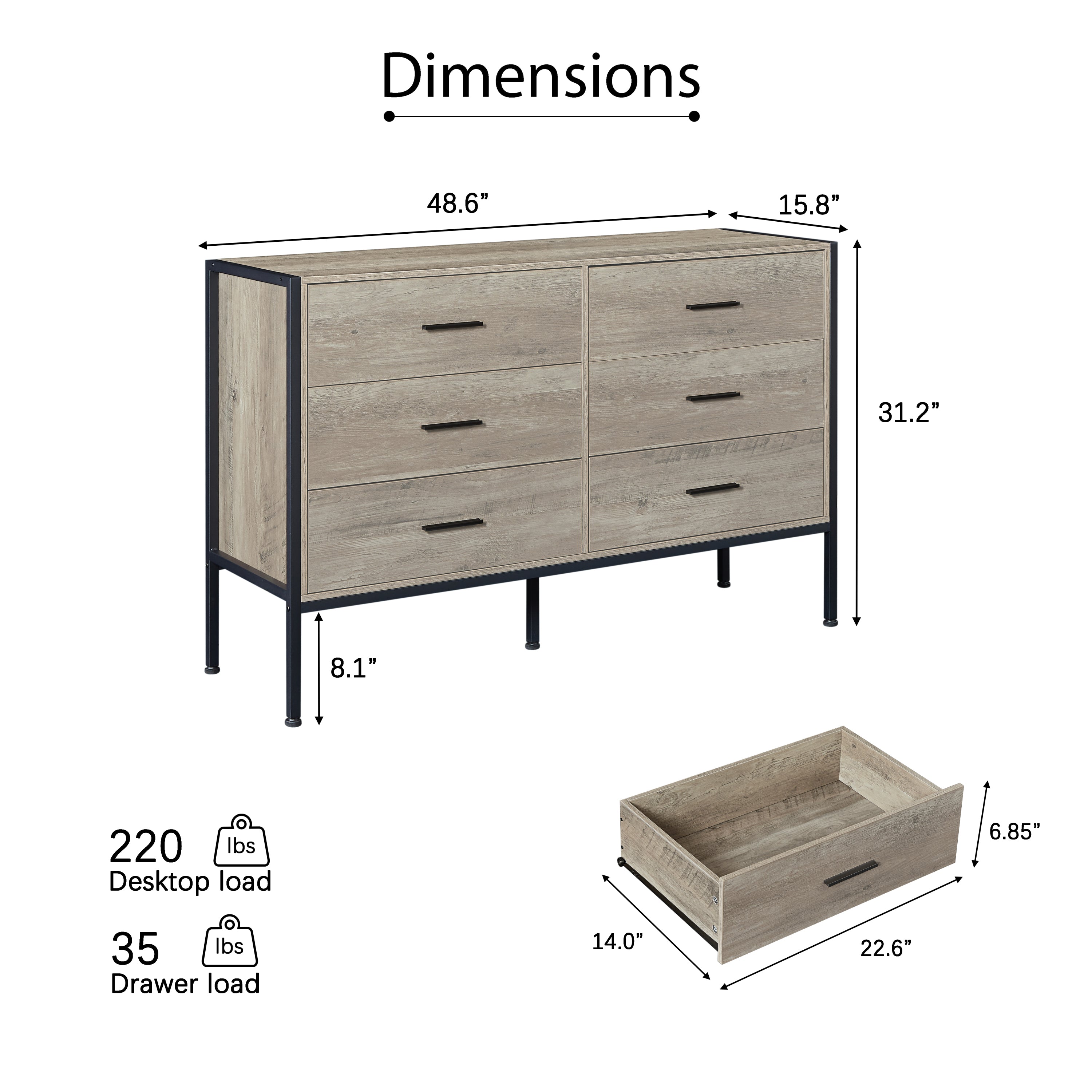 Wood Dresser with 6 Drawers, Wooden Storage Closet for Bedroom, Solid Clothes Cabinet with Sturdy Steel Frame, 48.58"W×15.75"D×31.22"H, 48 inch, Rustic Grey