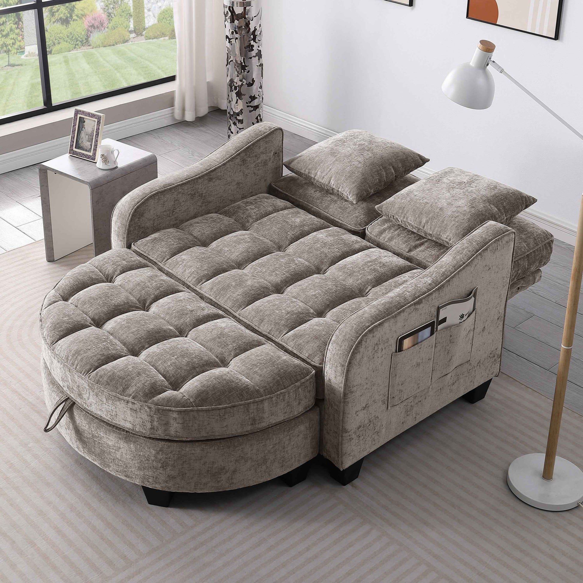 Two-seater sofa, double sofa chaise longue, with irregular armrests and backrests, footrest with storage space, comes with two small throw pillows, suitable for living room and bedroom - Brown
