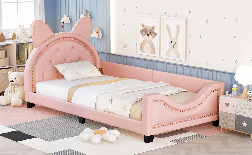 Twin Size Upholstered Daybed with Carton Ears Shaped Headboard, Pink - Abrihome