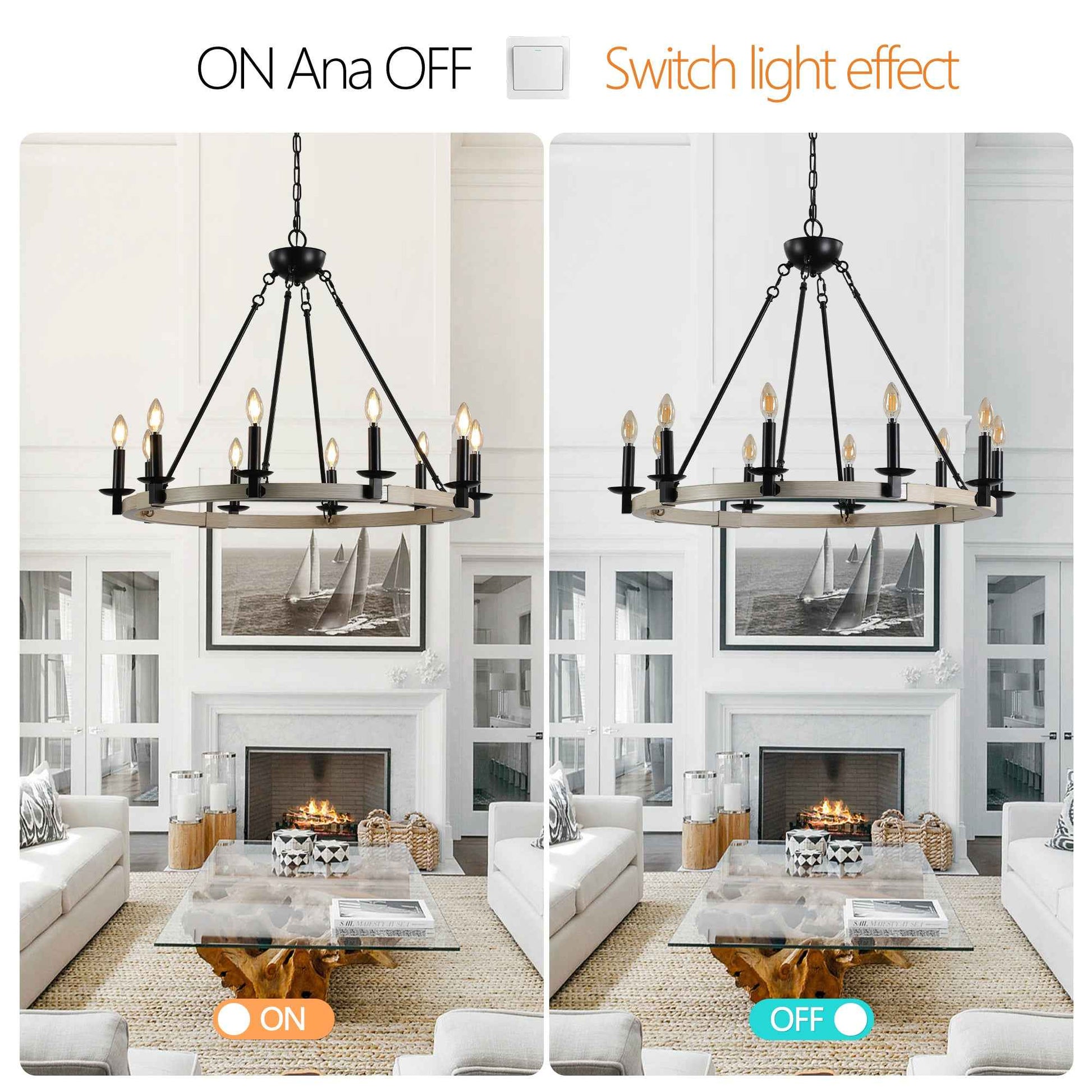 32' Rustic Farmhouse 10-Light Candle Chandelier, Black Metal and Wood Round Hanging Light Fixture for Dining Room, Kitchen, Living Room, Adjustable Height, E12 Bulb Base (No Bulbs)
