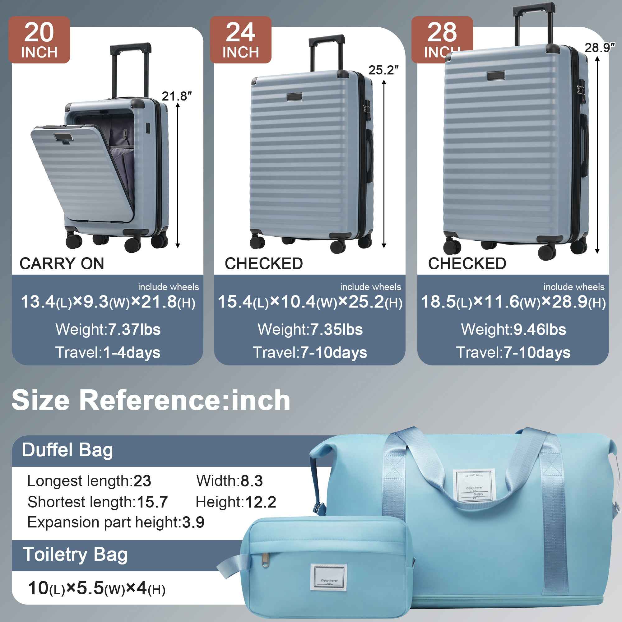 Luggage Sets 5 Piece with Front Opening , Hardside Expandable Carry on Suitcase with Spinner Wheels TSA Lock USB Port  Cup Holder Duffel Bag and Toiletry Bag