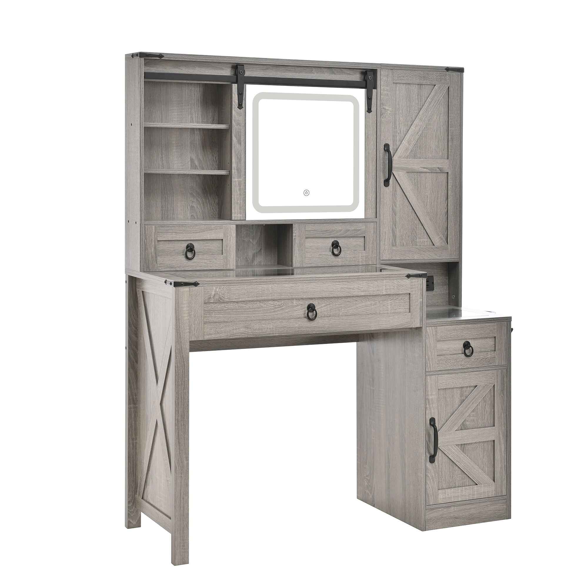Farmhouse Vanity Desk with Sliding Mirror and Lights, Vanity Set with Glass Top and Charging Station ,Dressing Table with 4 Drawers and 2 Cabinets, Dressing Table with Stool for Bedroom, Gray