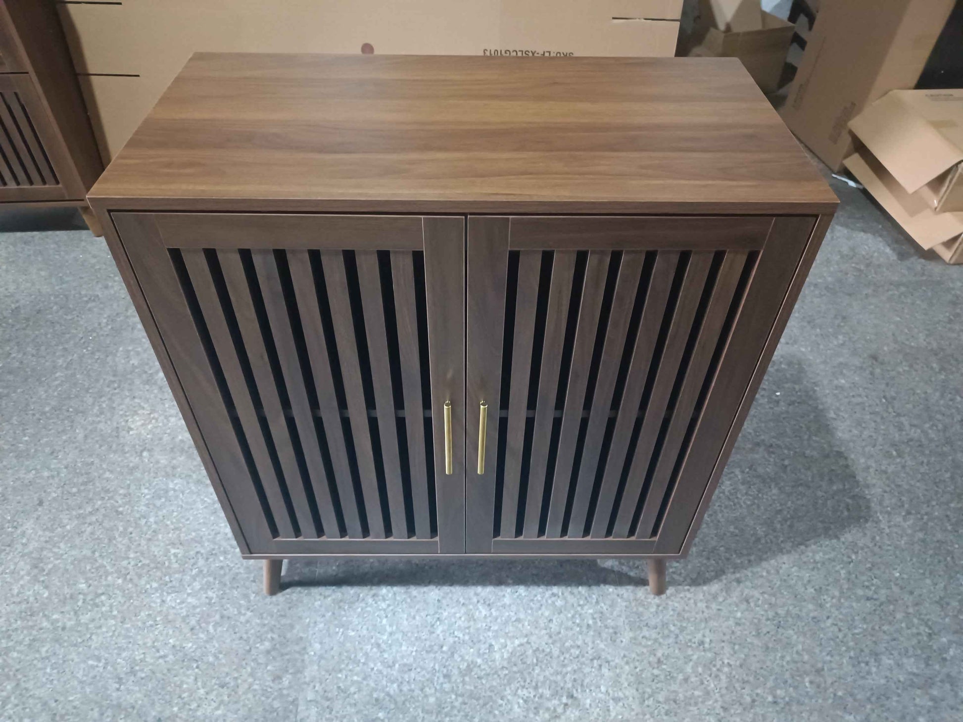 Farmhouse Walnut Sideboard Buffet Cabinet With Louvered Doors, Wood Coffee Bar Storage For Kitchen & Living Room, 31.5' W