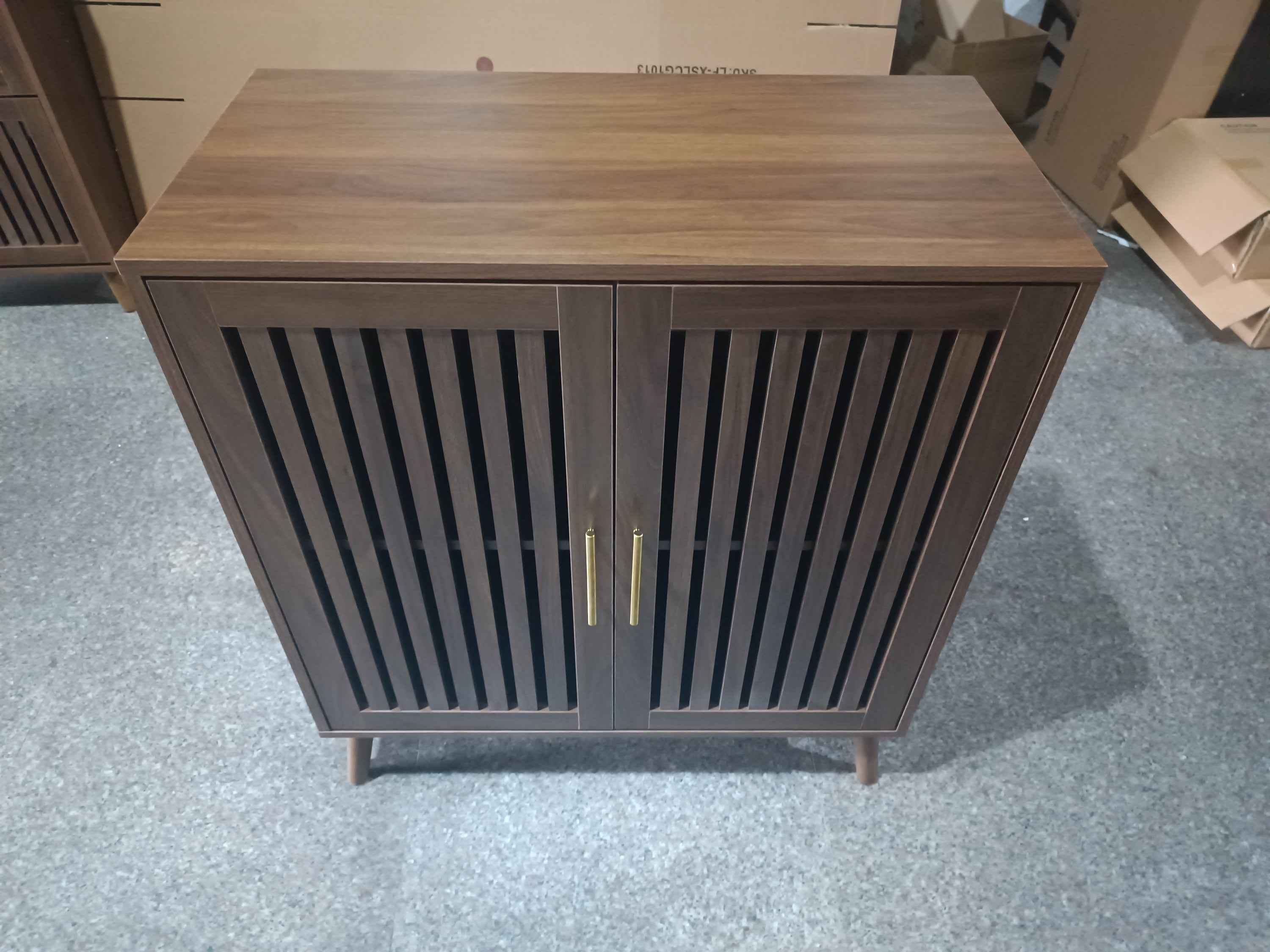 Farmhouse Walnut Sideboard Buffet Cabinet With Louvered Doors, Wood Coffee Bar Storage For Kitchen & Living Room, 31.5' W