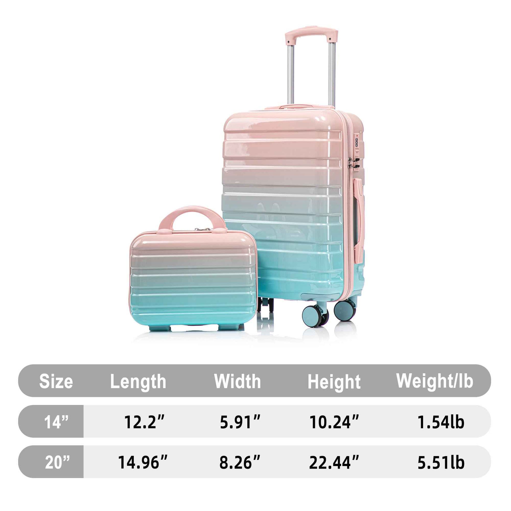 14'/20' 2 pcs/set in PC Spinner Wheel Luggage, Carry on Suitcase, With Gradient Color and Combination Lock(Blue+Pink)
