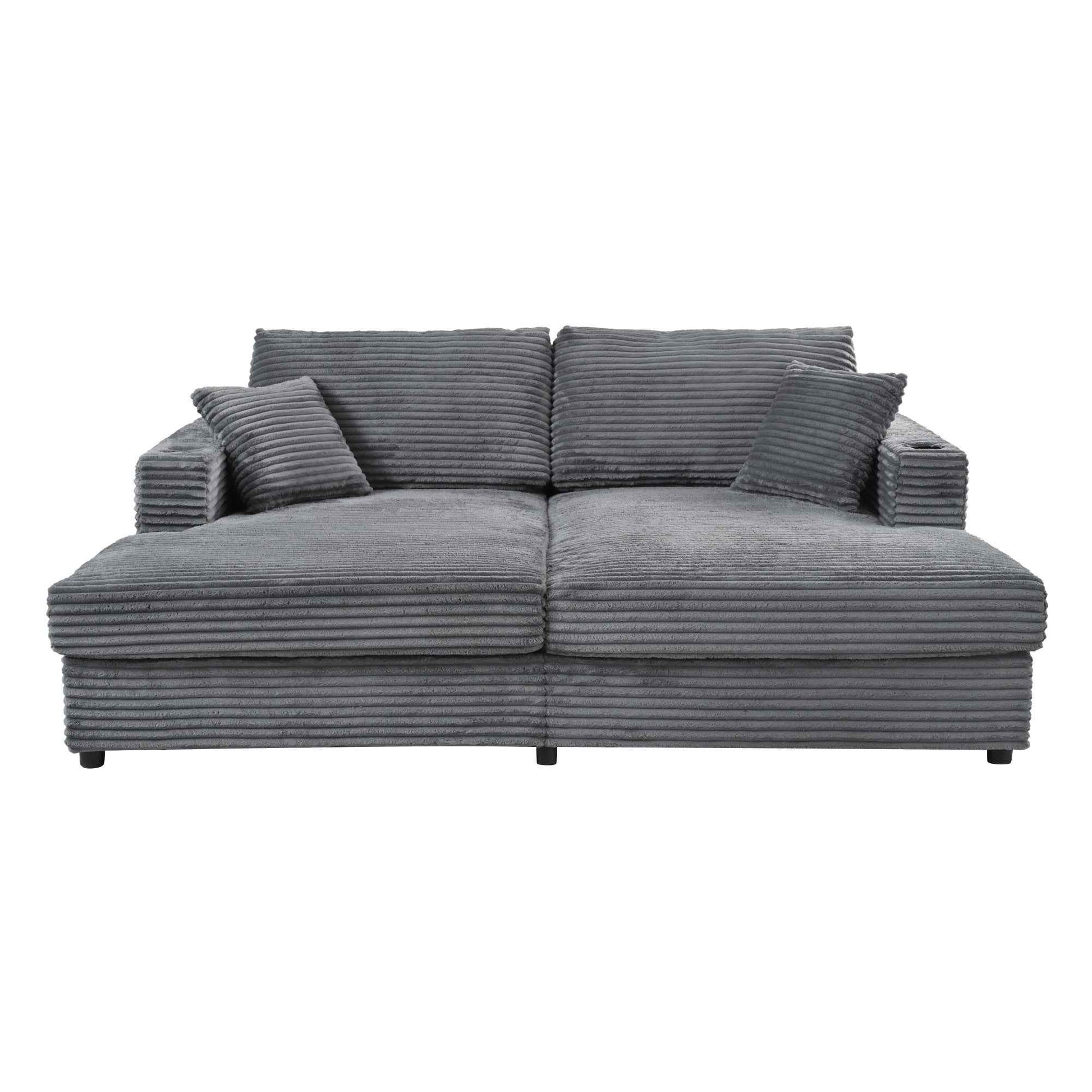 Oversized Loveseat Chaise Lounge Sectional Sofa Bed with USB Ports, Cup Holders, Throw Pillows, Dark Gray Corduroy, 86.5'