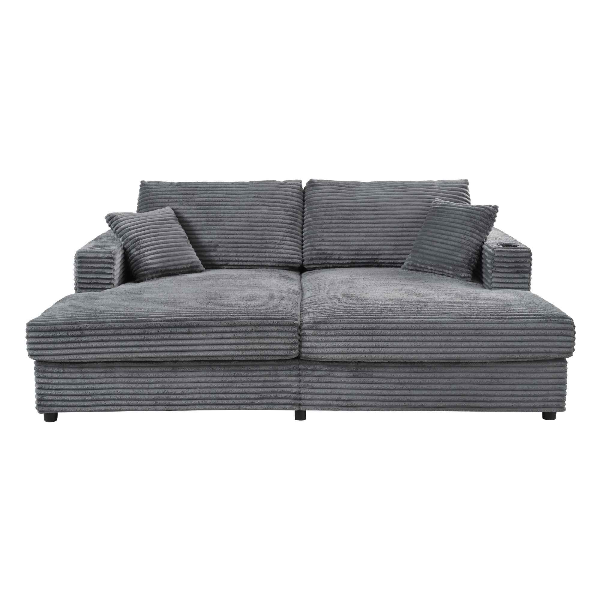 Oversized Loveseat Chaise Lounge Sectional Sofa Bed with USB Ports, Cup Holders, Throw Pillows, Dark Gray Corduroy, 86.5'