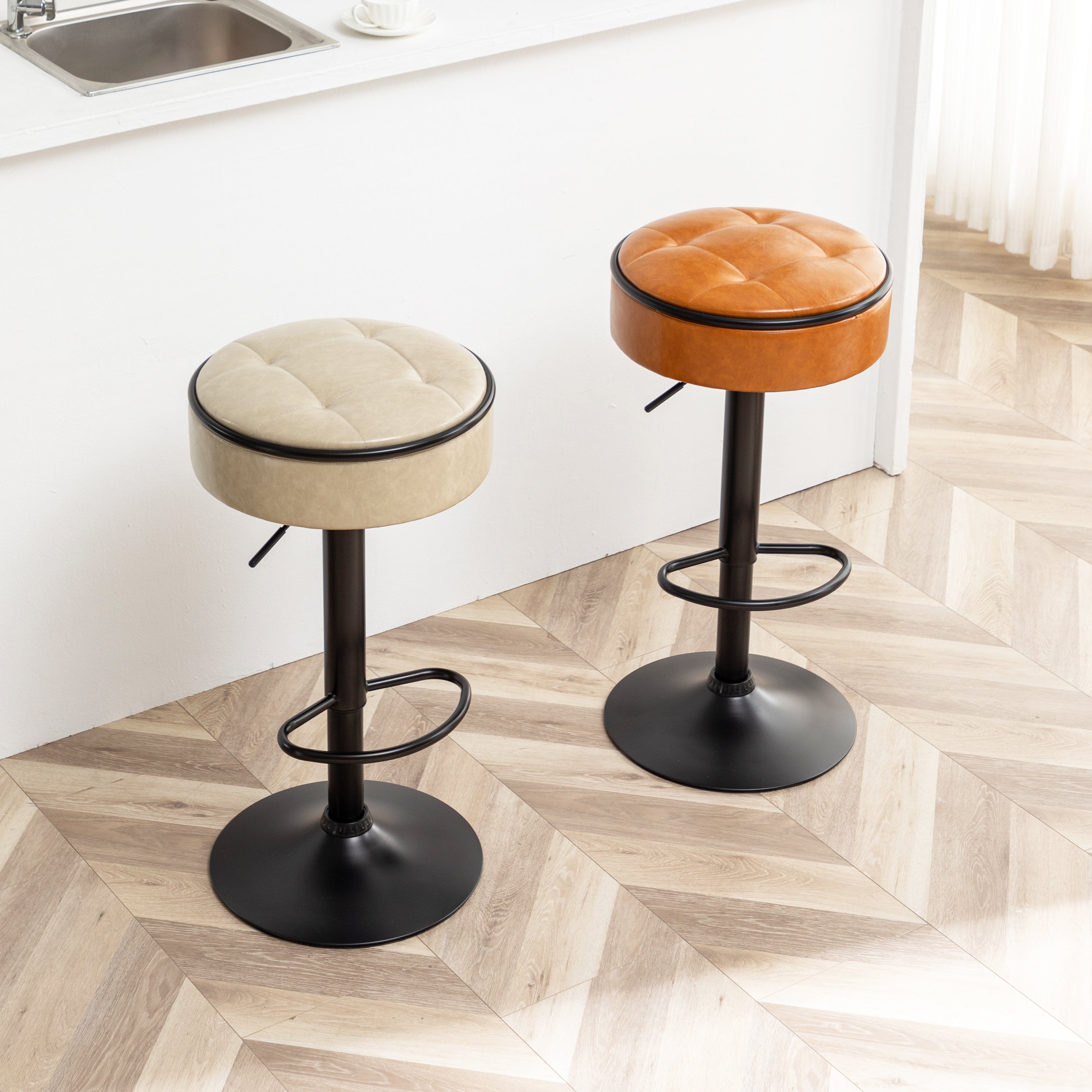 Round Storage Bar Stool Set of 2, Brown Faux Leather Height Adjustable Barstool, 360°Counter Height Swivel Stool, Armless Bar Chair with Metal Frame for Kitchen Counter Dining Living Room