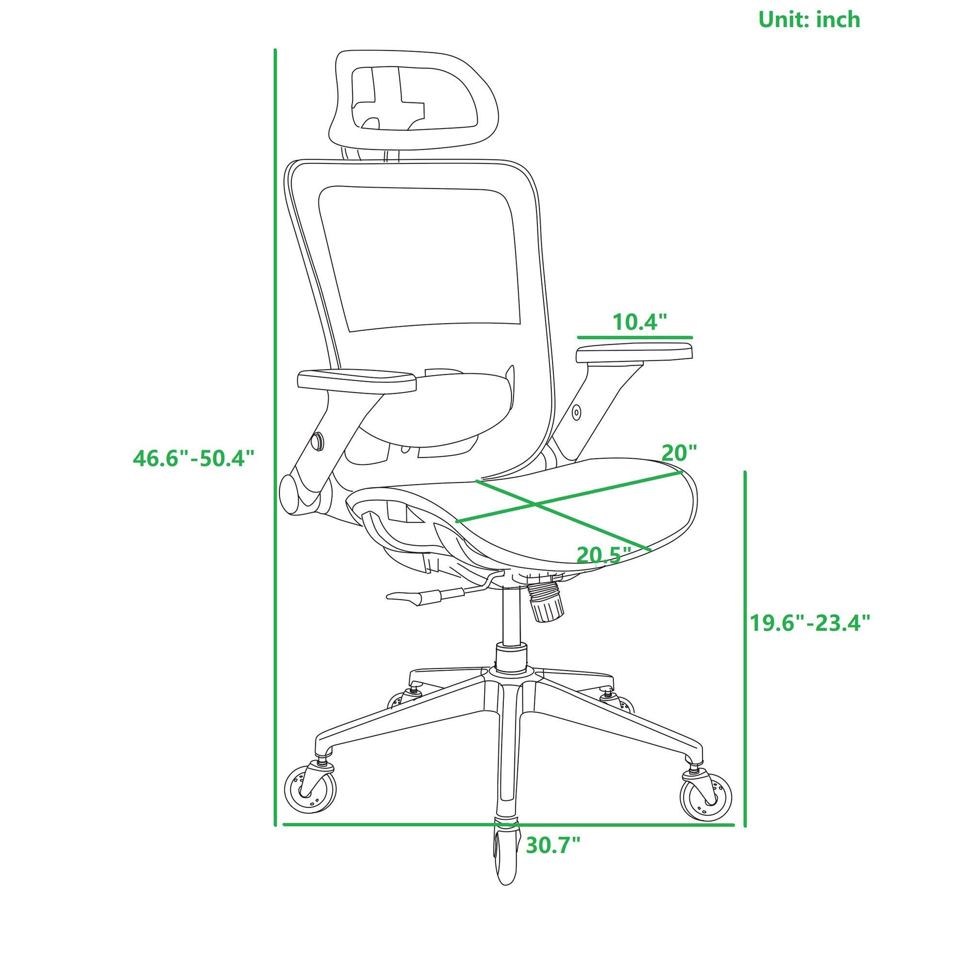 BLACK Ergonomic Mesh Office Chair, High Back - Adjustable Headrest with Flip-Up Arms, Tilt and lock Function, Lumbar Support and blade Wheels, KD chrome metal legs